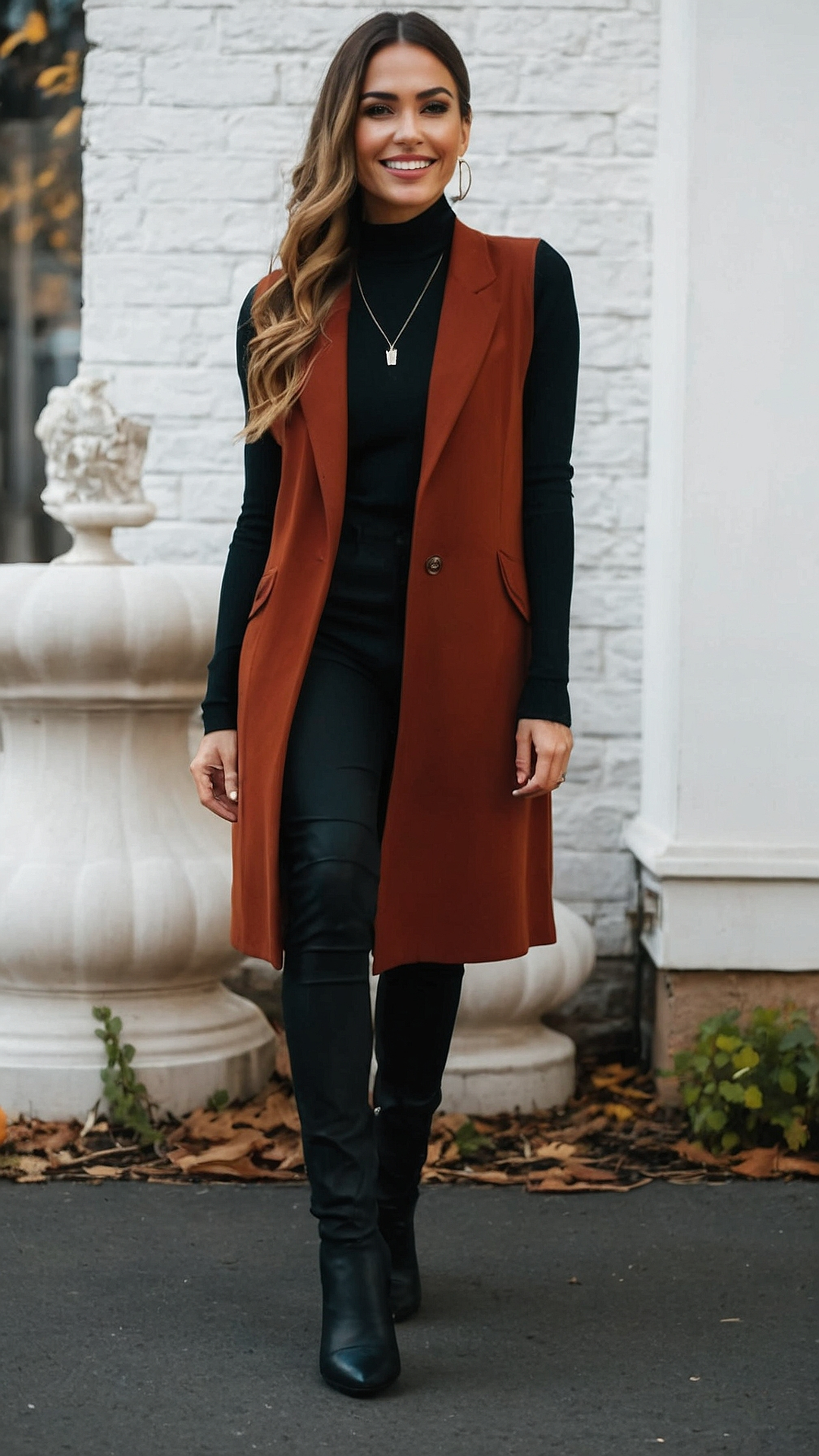 Rust blazer with black turtleneck and black jeans outfit