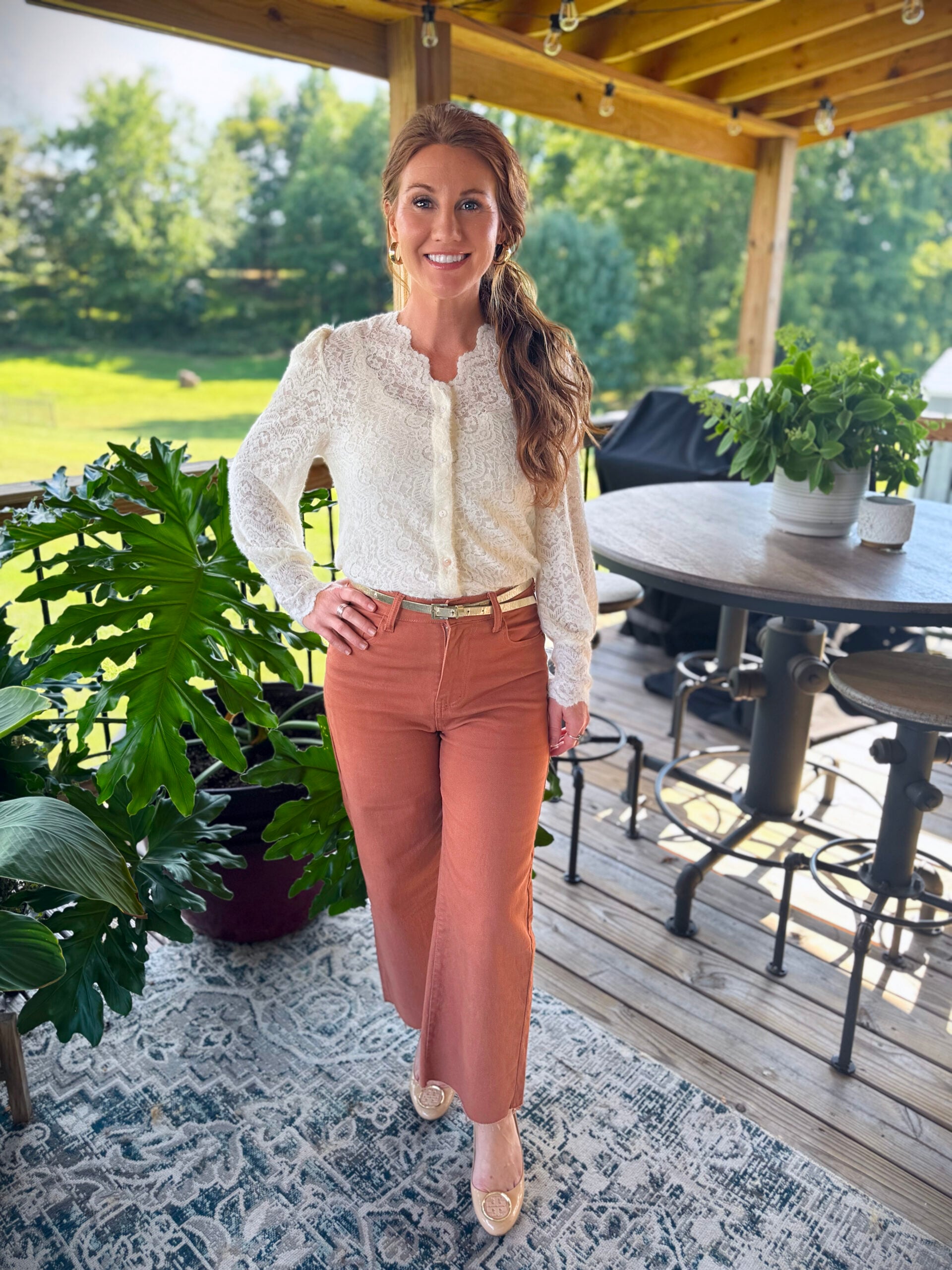 Rust corduroy trousers with denim shirt and loafers fall outfit