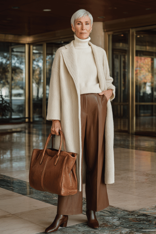 Rust handbag with cream knit sweater and camel trousers fall outfit