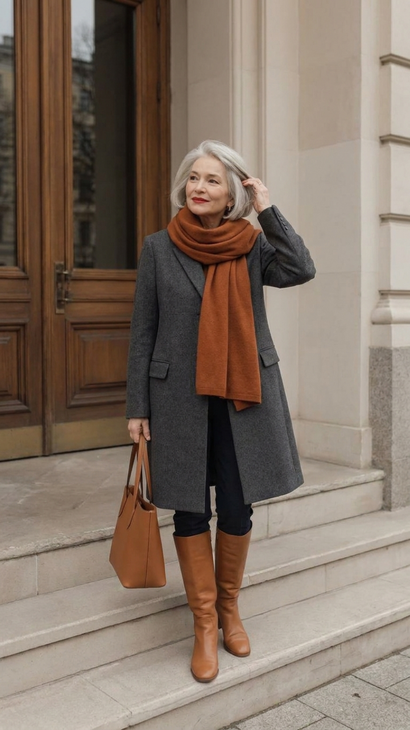 Rust knit set with cream coat and cream boots fall look