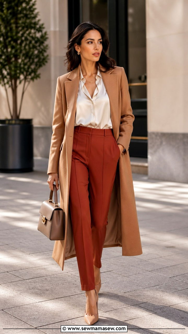 Rust sweater and rust trousers with camel coat monochrome outfit