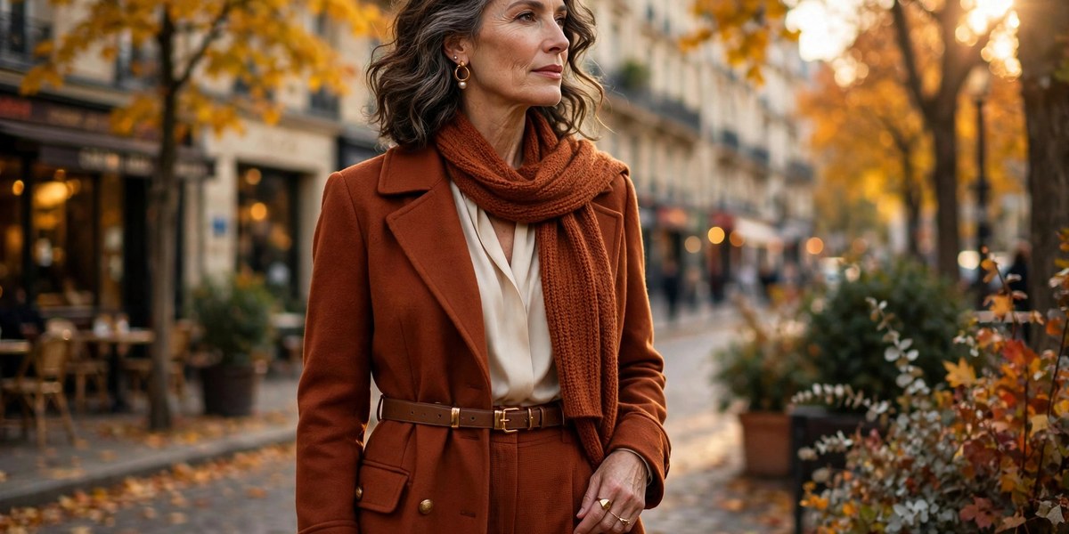 Elegant woman in her 50s wearing a chic rust-colored fall outfit - rust outfits for women over 50