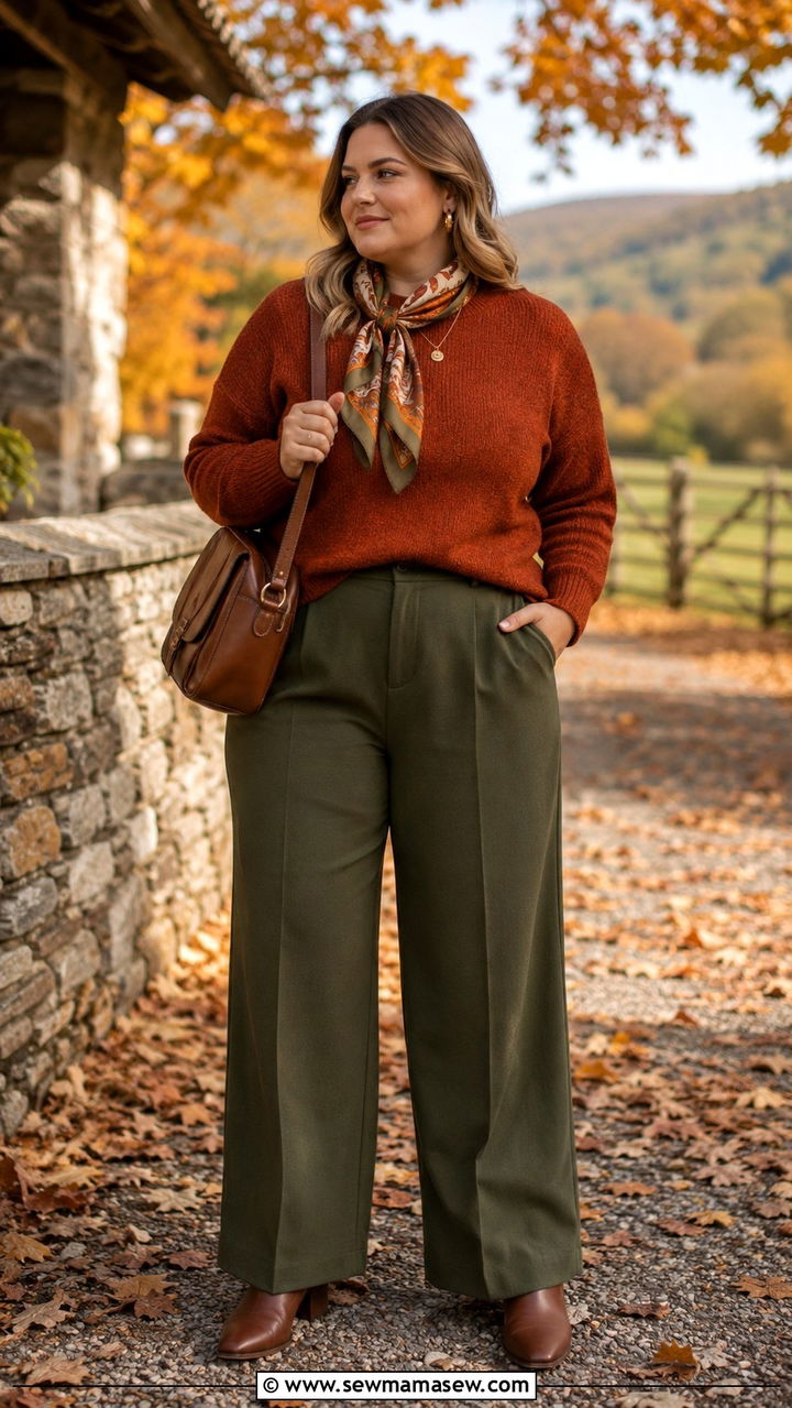 Rust shacket with olive trousers and cream t-shirt fall outfit
