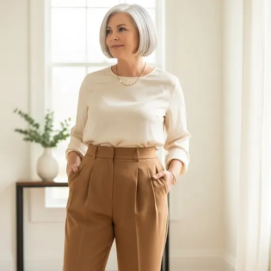 Rust silk blouse with cream wide-leg trousers and gold jewelry