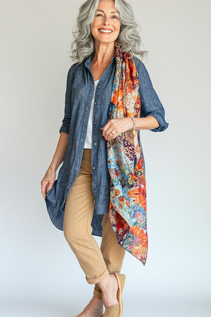 Woman over 50 wearing rust silk scarf with denim shirt and white jeans