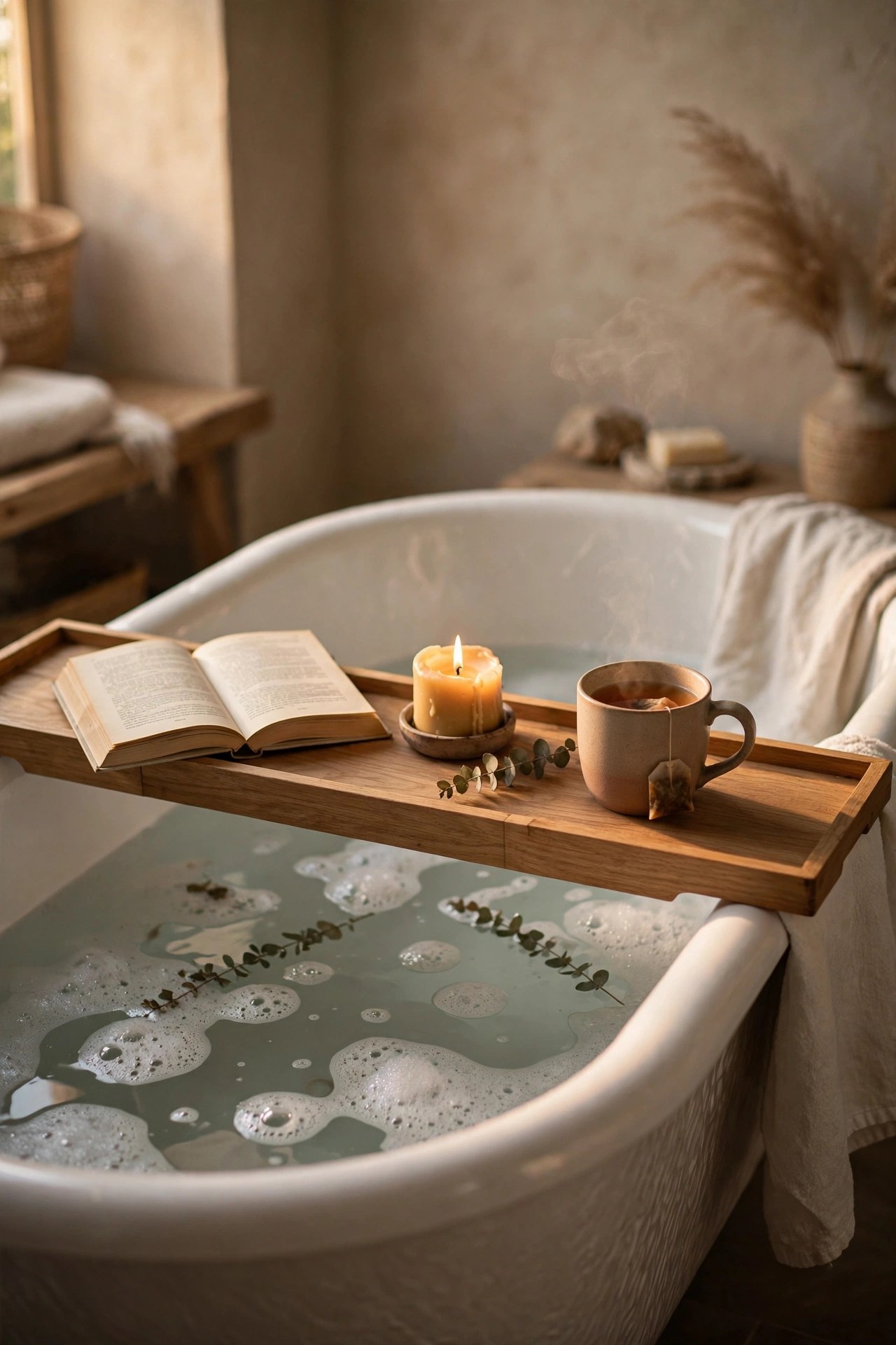 Wooden bath tray with book and candle across a bathtub, self care gift for her