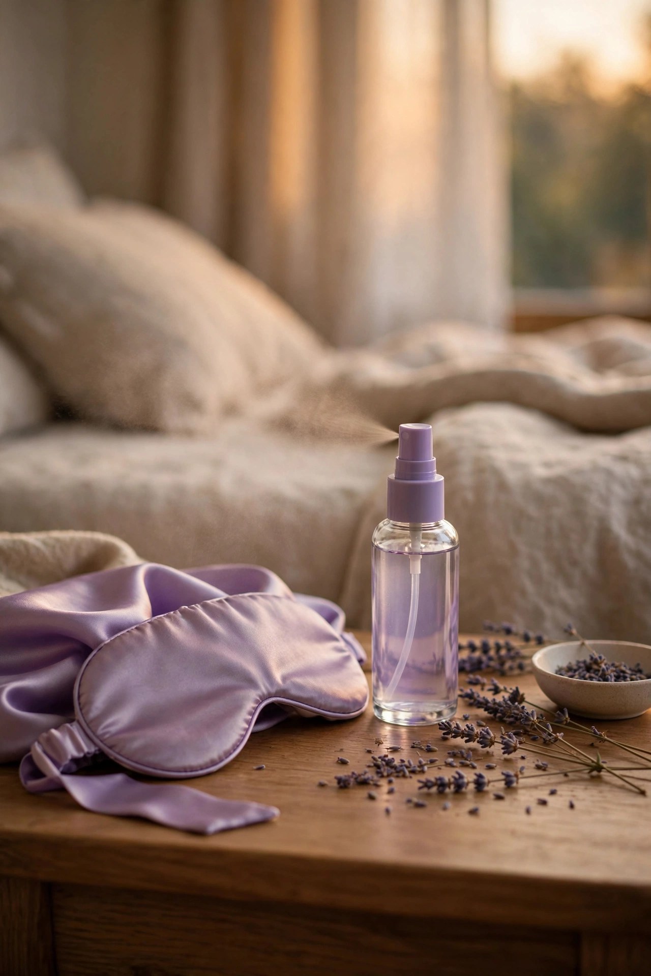 Silk sleep mask with lavender pillow mist on a bedside table, sleep gift for women over 60