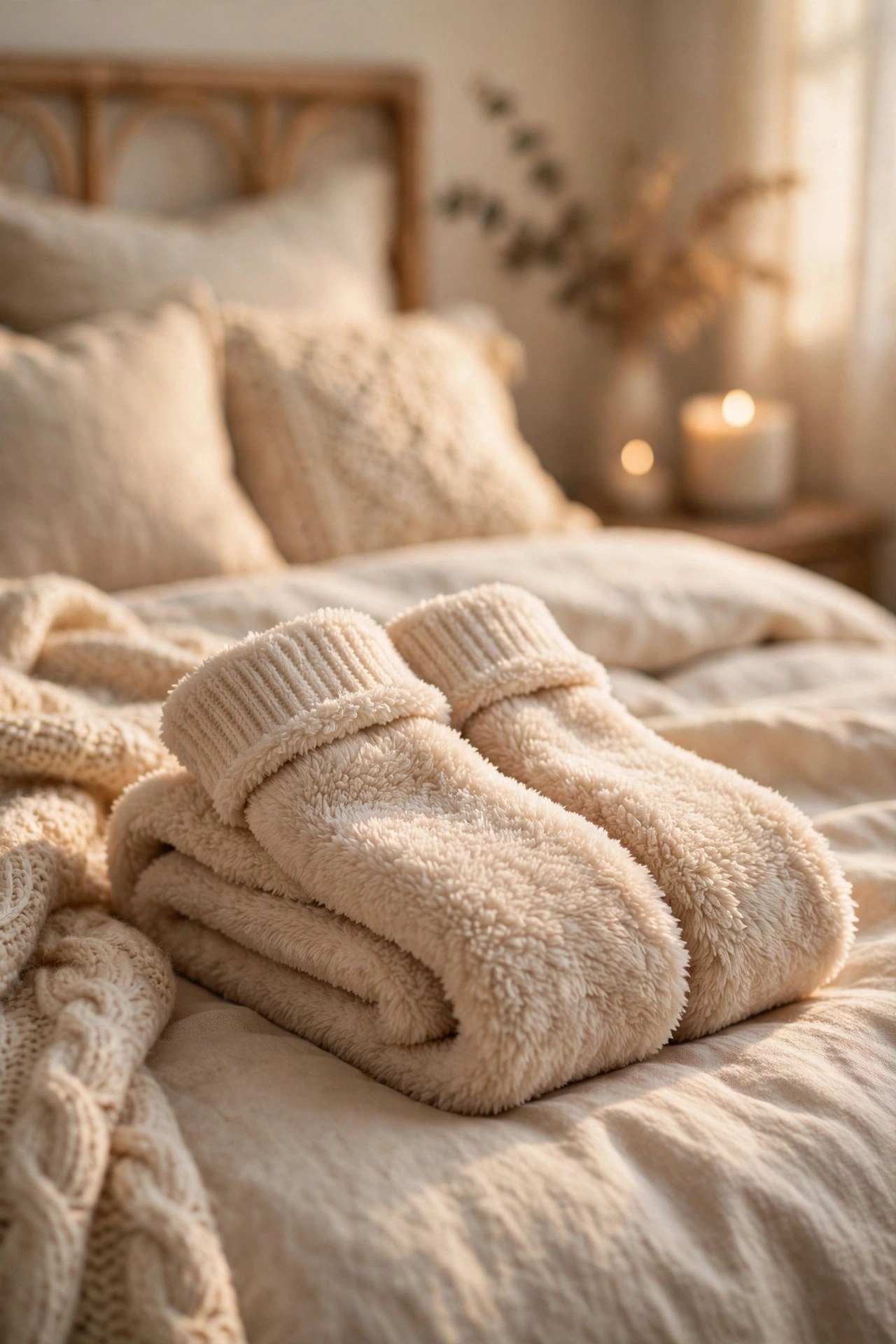 Cozy ultra soft bed socks folded on a bed, comfort gift for women over 60