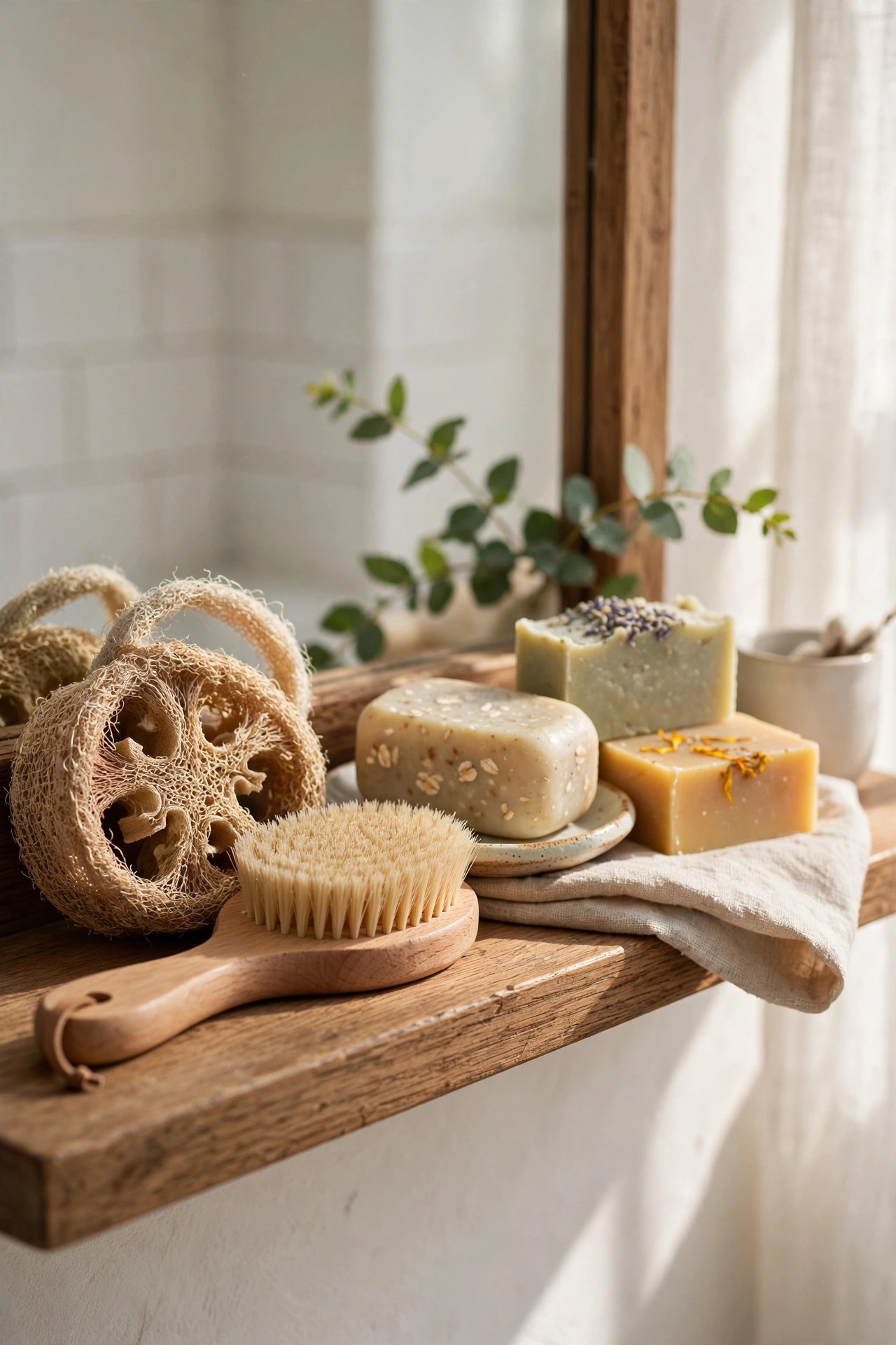 Natural loofah and body brush set with soap, bath ritual gift for her