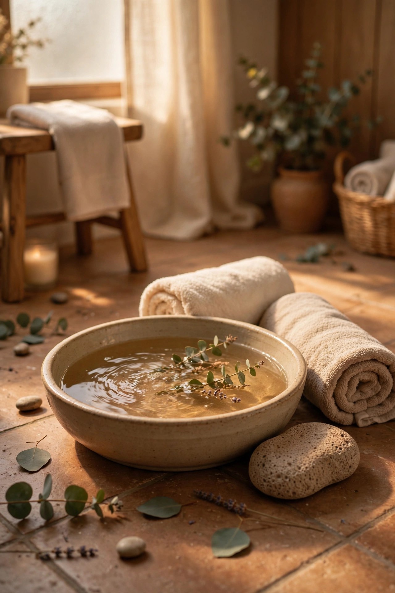 Foot soak basin with towels and pumice stone, pampering foot spa gift for her