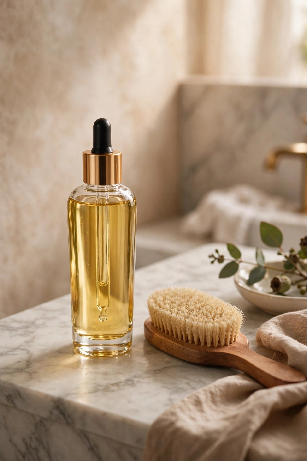 Luxurious body oil with dry brush on a bathroom counter, self care ritual gift