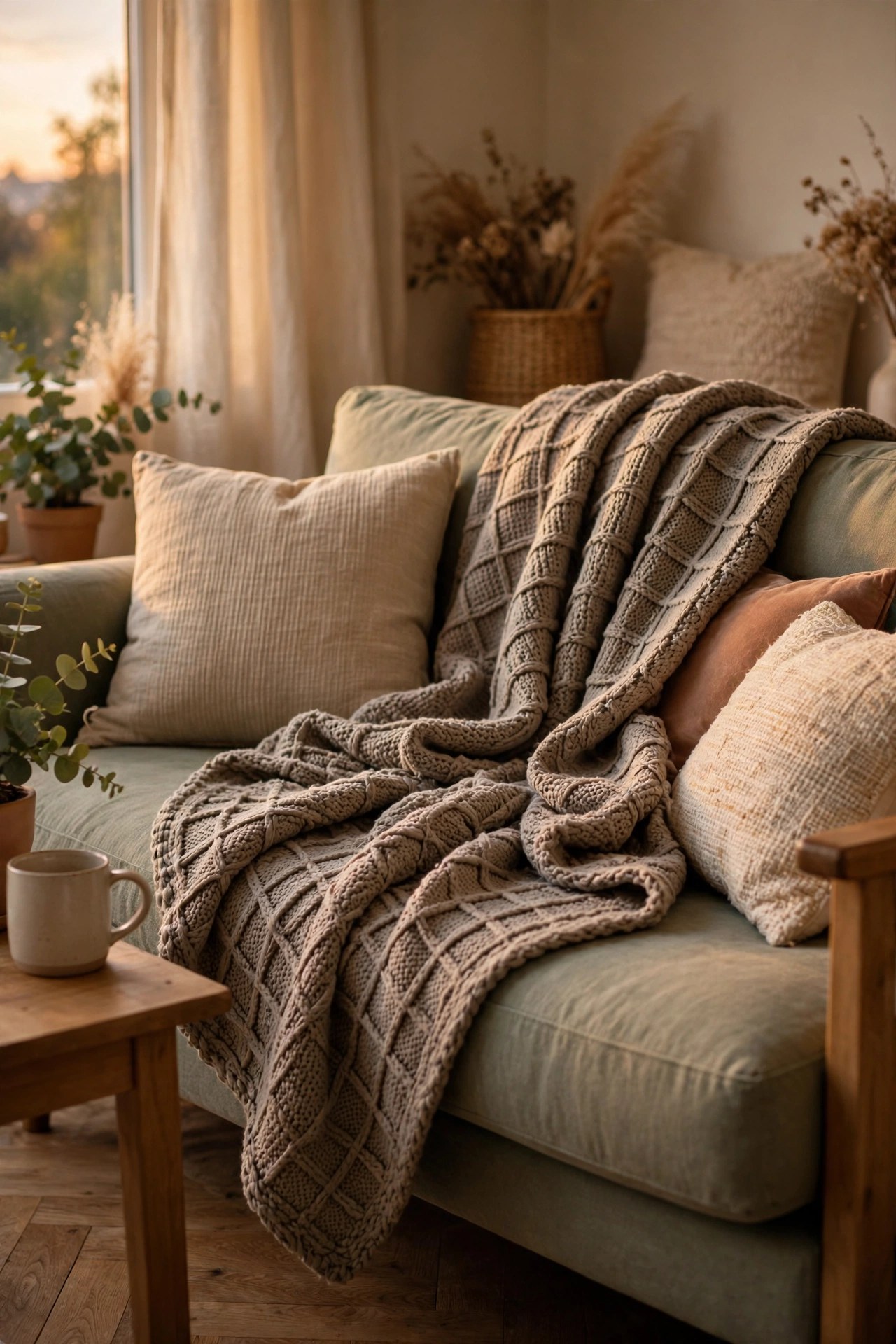 Cozy weighted throw blanket on a sofa, comfort sleep gift for women over 60