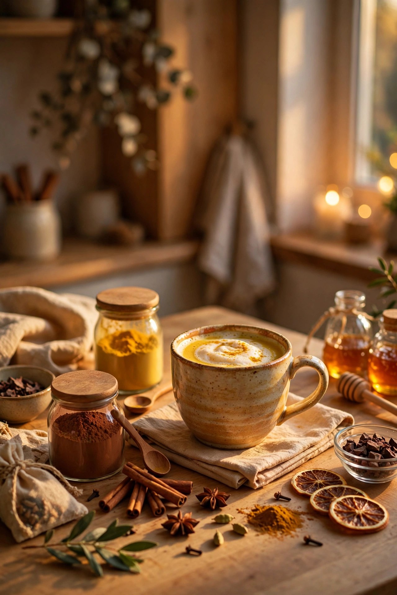 Golden milk and cocoa kit with mug and spices, cozy bedtime gift for her