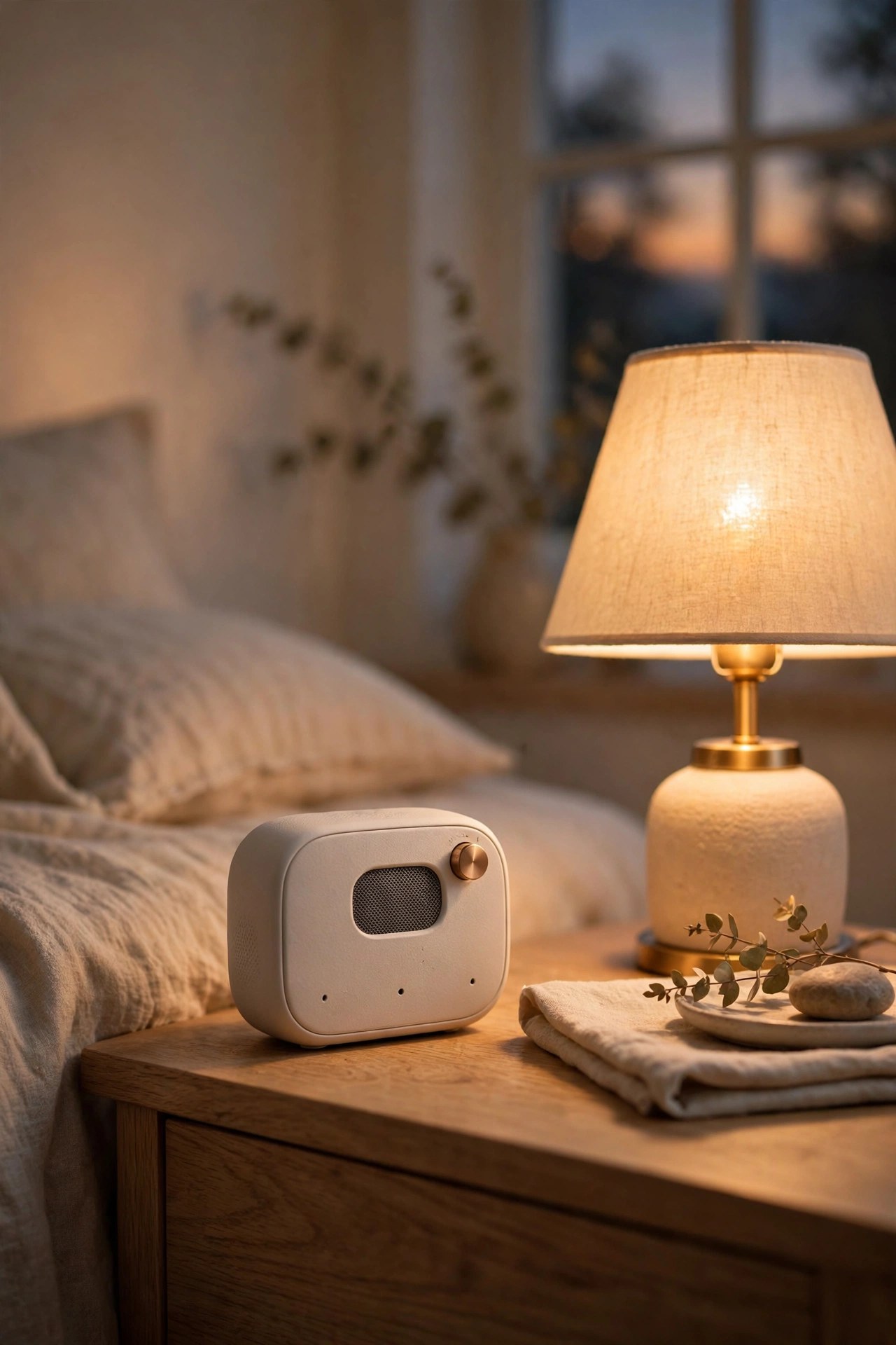 Small white noise sleep device on a nightstand, sleep aid gift for women over 60