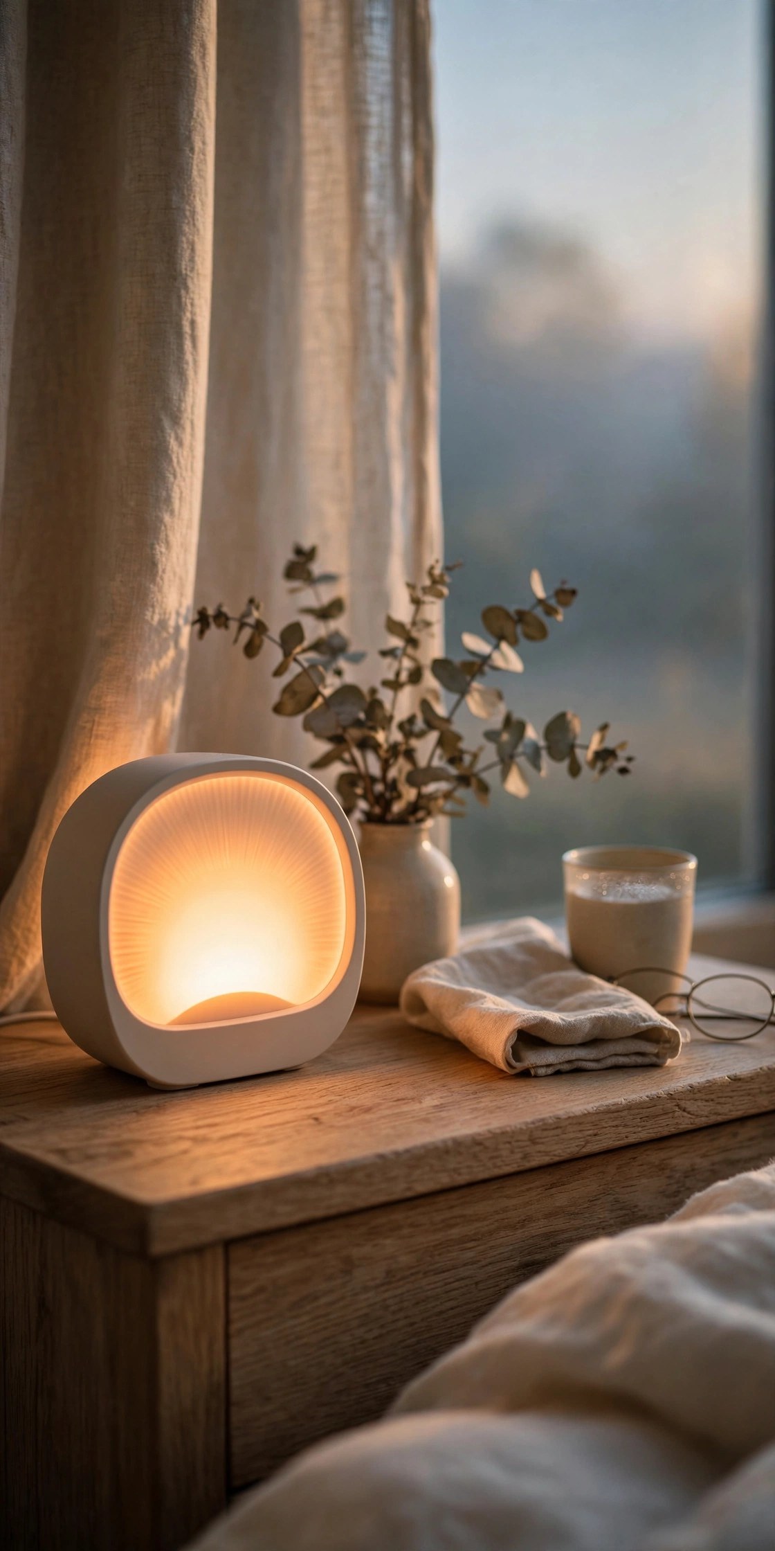 Sunrise alarm clock glowing softly on a nightstand, gentle wake up gift