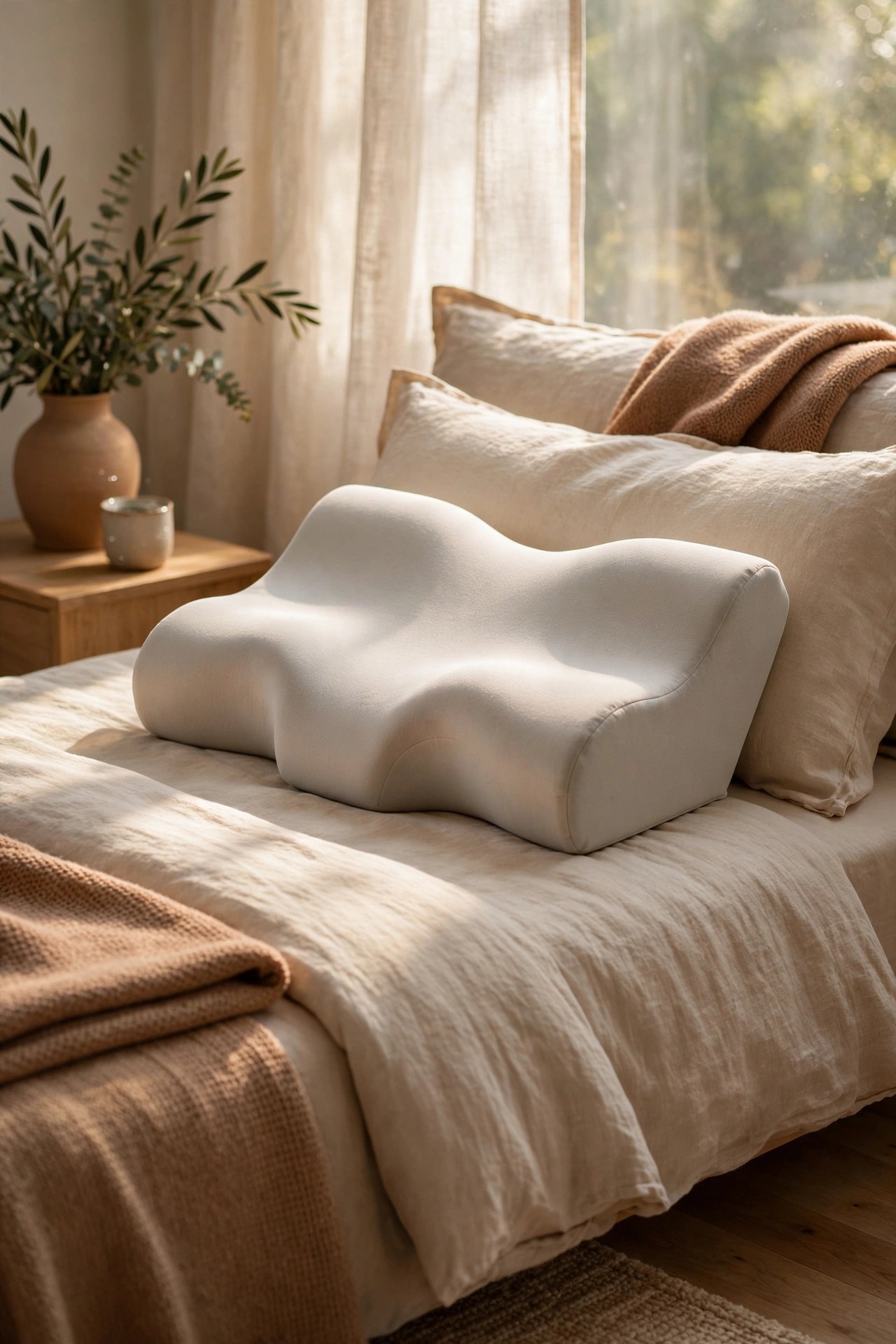 Ergonomic contour sleep pillow on a bed, comfort sleep gift for her