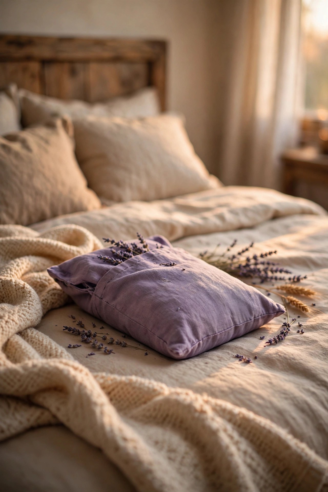 Lavender wheat bag warming on a bed, cozy sleep comfort gift for women over 60