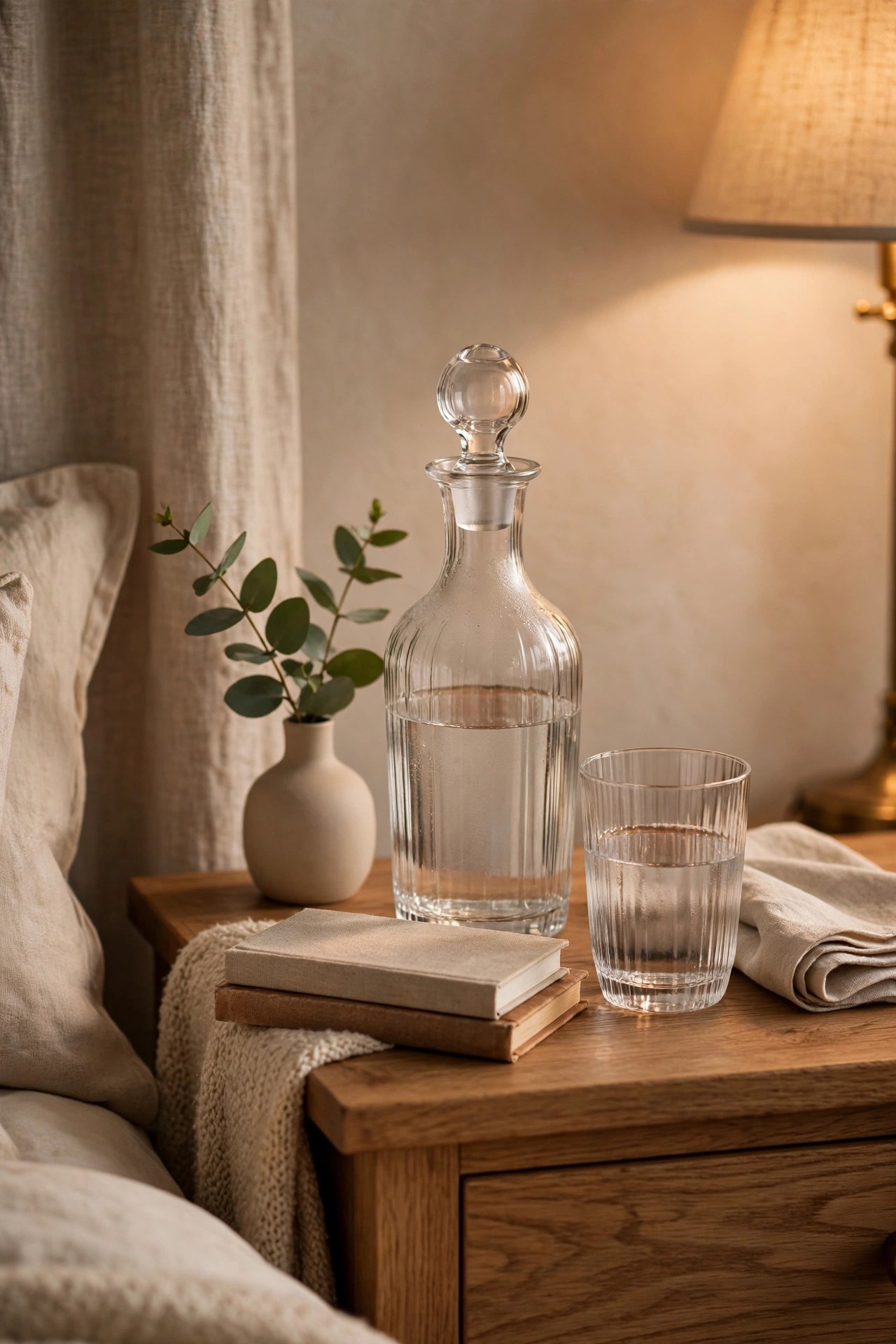Elegant bedside water carafe with glass on a nightstand, thoughtful comfort gift