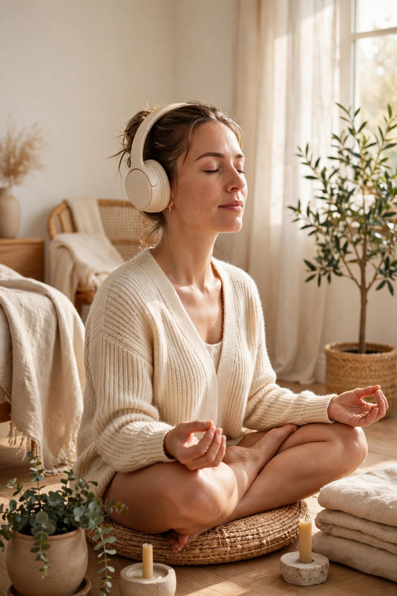 Woman meditating peacefully with headphones in a calm room, mindfulness gift