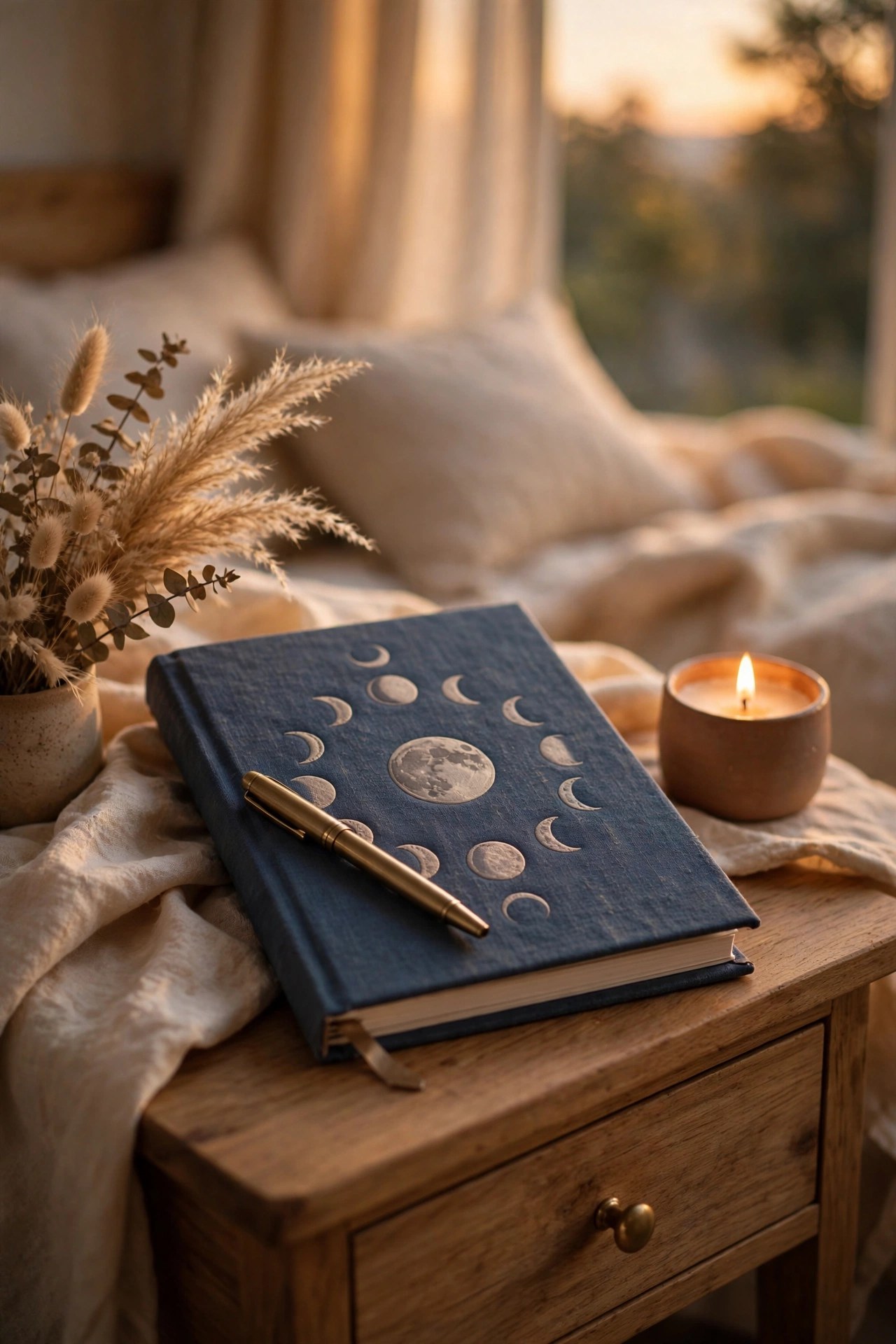 Beautiful dream journal with moon phases on a nightstand, mindfulness gift for her