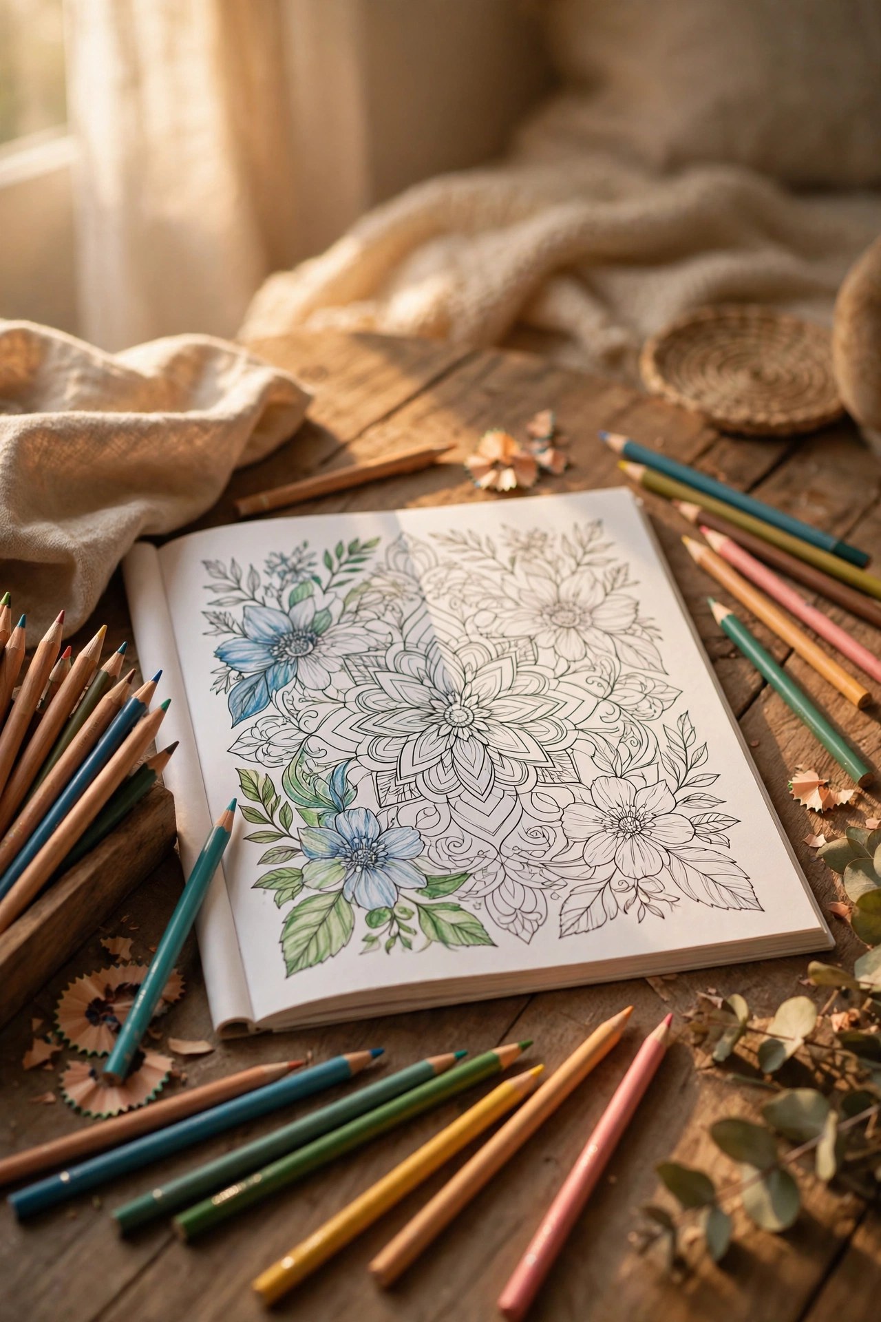 Adult coloring book with colored pencils and a half colored page, relaxing gift
