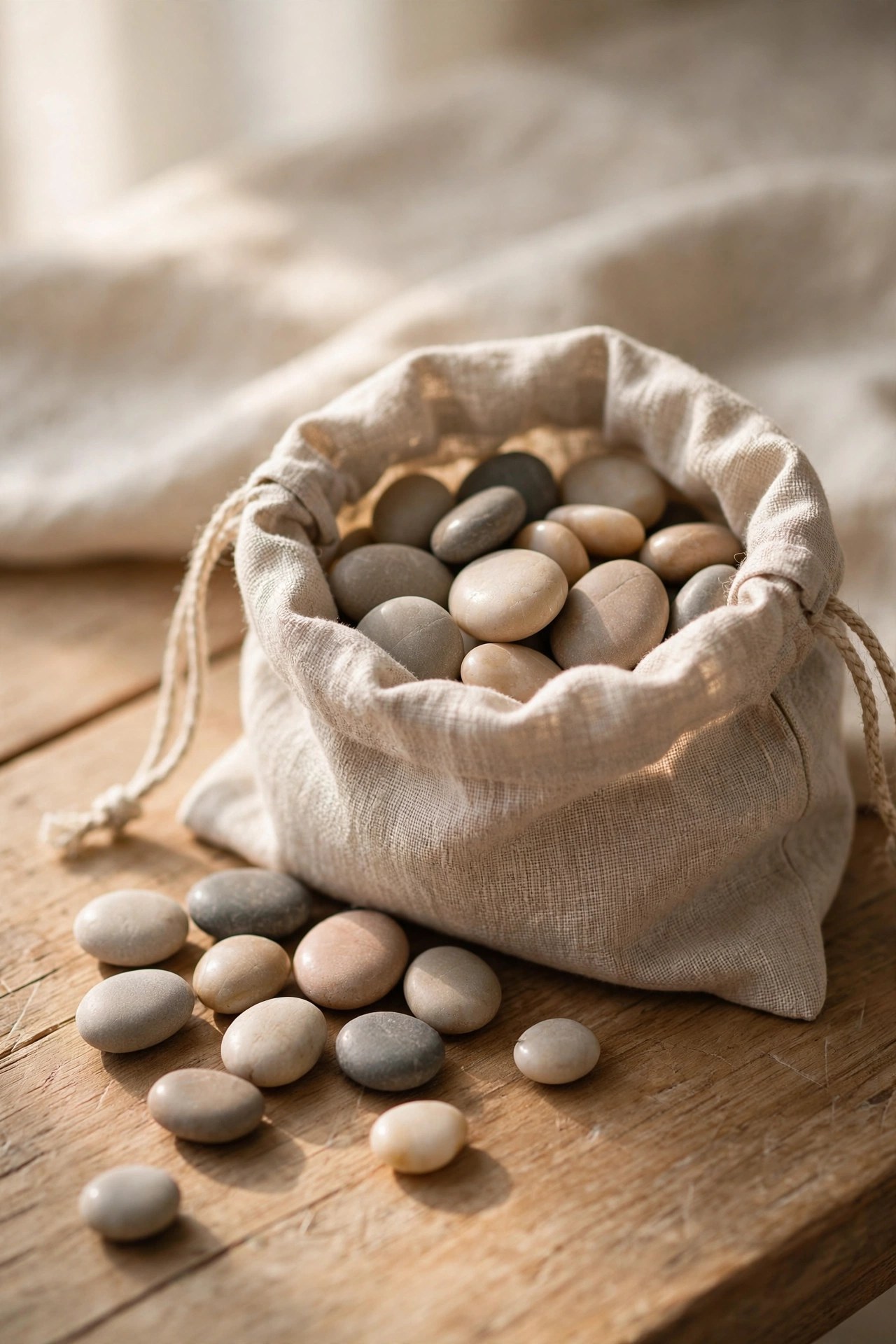 Smooth mindfulness pebbles in a linen pouch, calming tactile gift for her