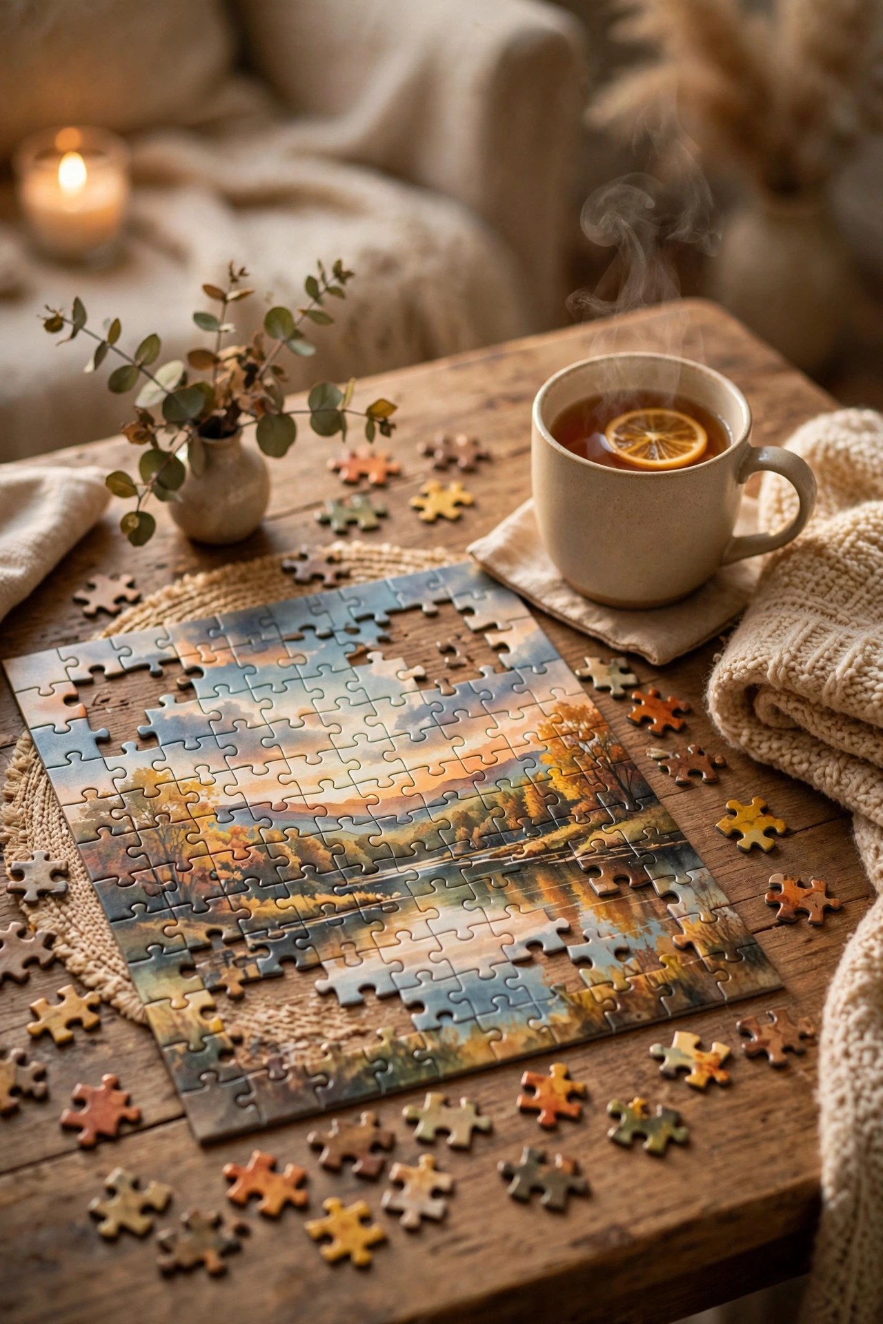 Beautiful jigsaw puzzle partially completed on a table, relaxing hobby gift