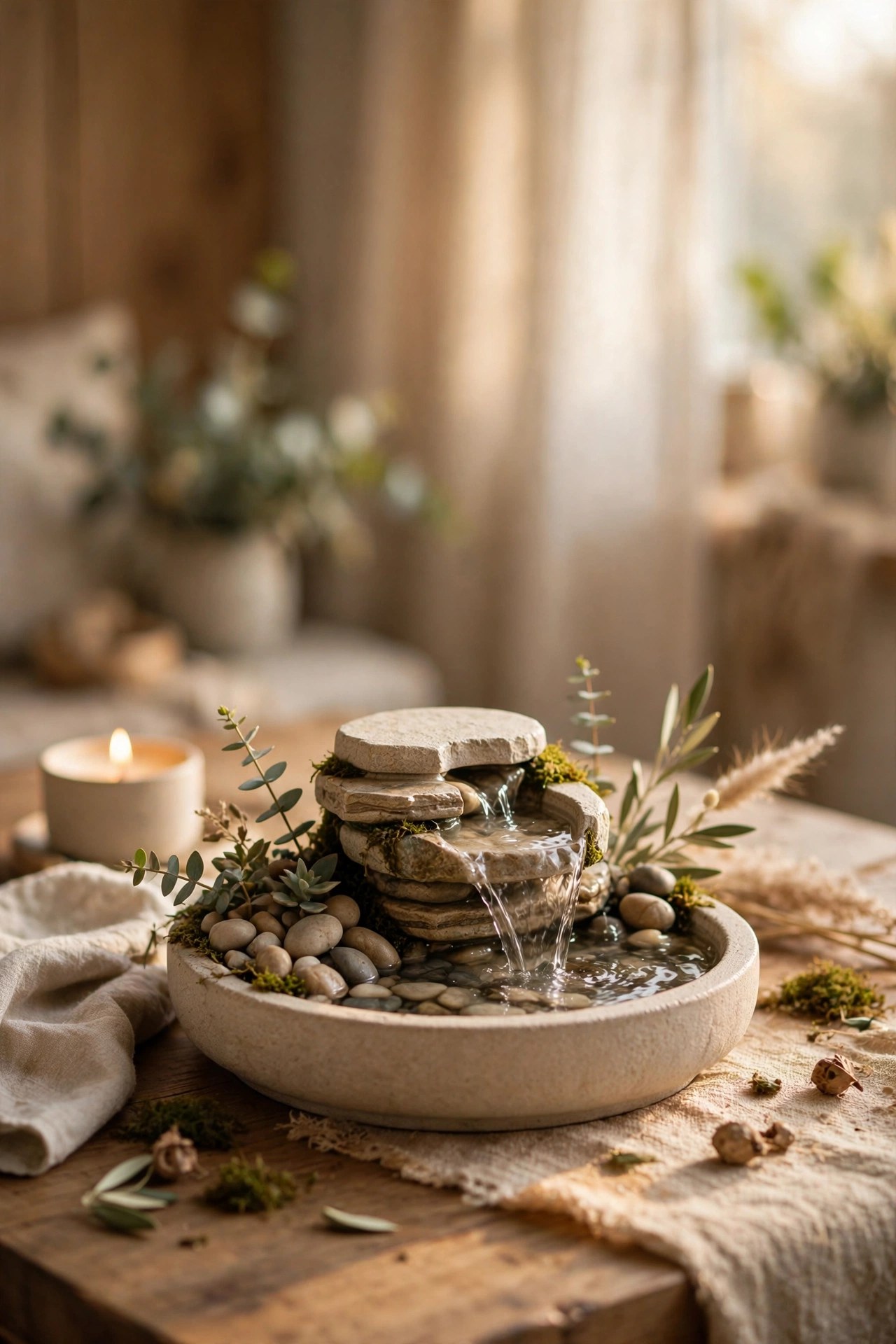 Small tabletop water fountain with soft lighting, calming home gift for her