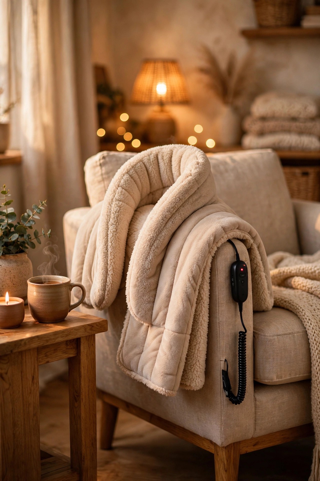 Heated neck and shoulder wrap on a chair, comfort gift for women over 60