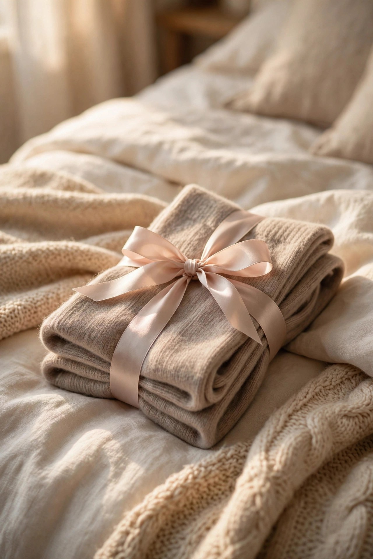 Luxurious cashmere blend socks folded with ribbon, cozy comfort gift for her