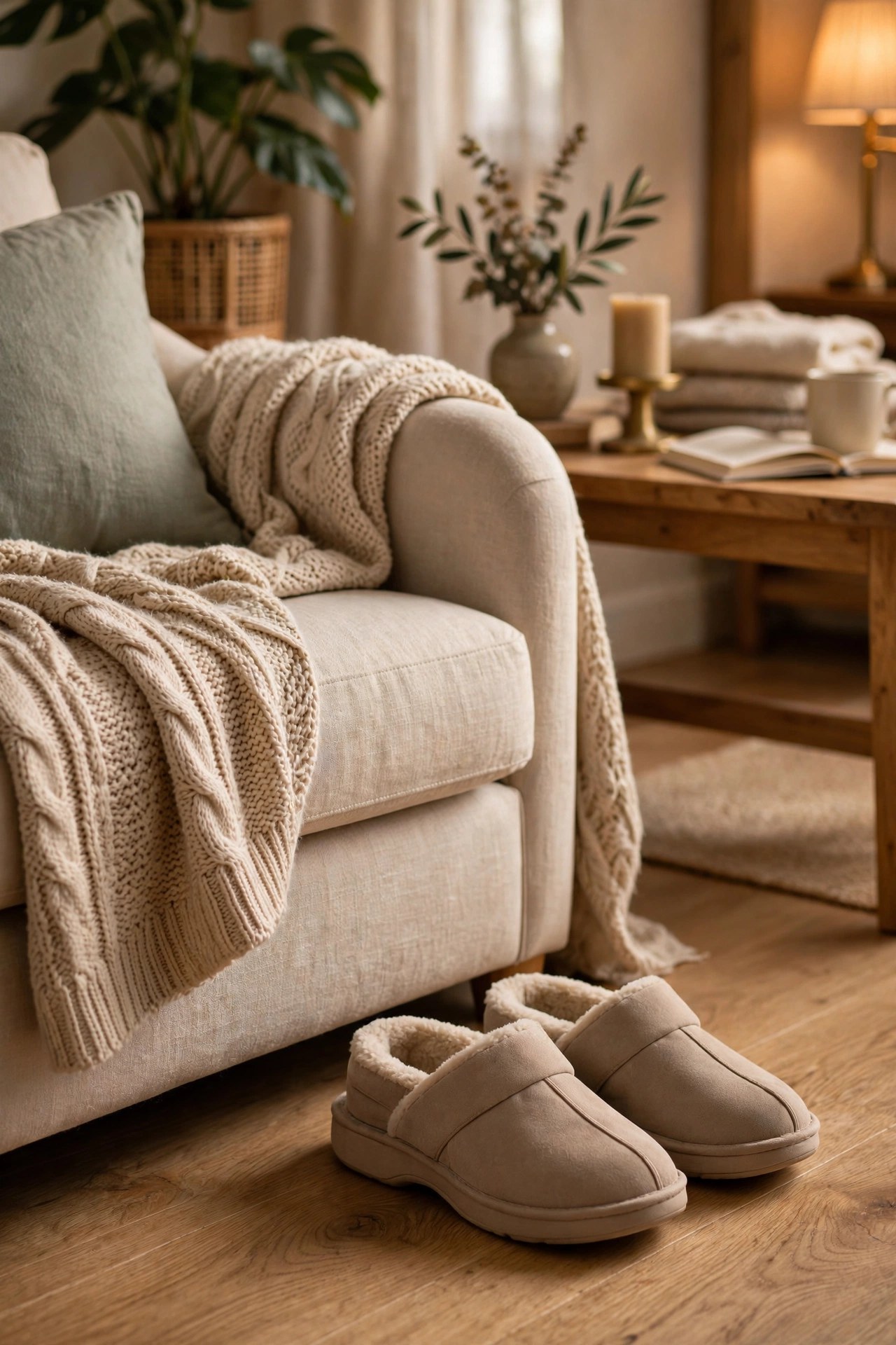 Supportive orthopedic slippers by a cozy armchair, comfort gift for women over 60