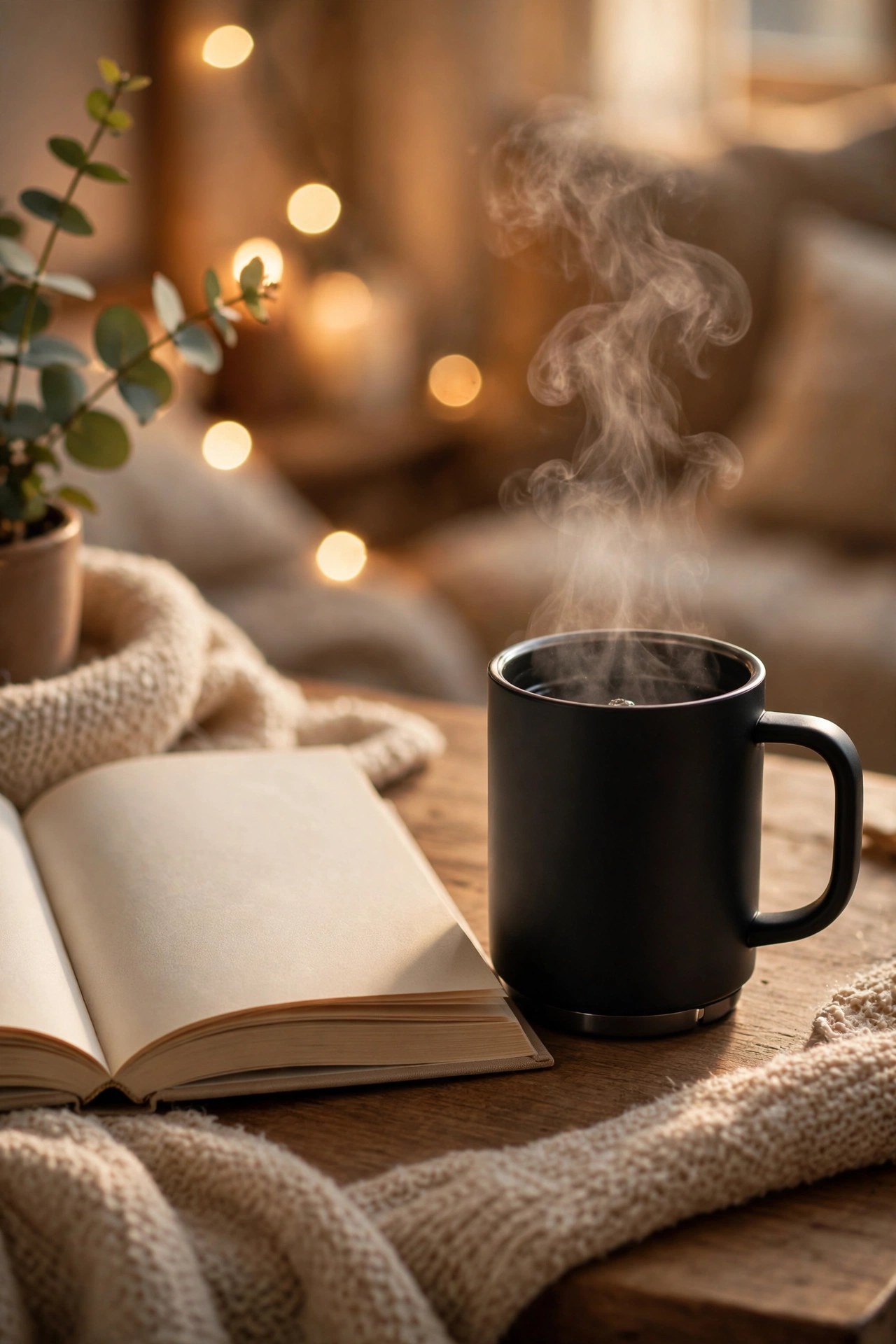 Heated mug keeping tea warm on a desk, clever comfort gift for her