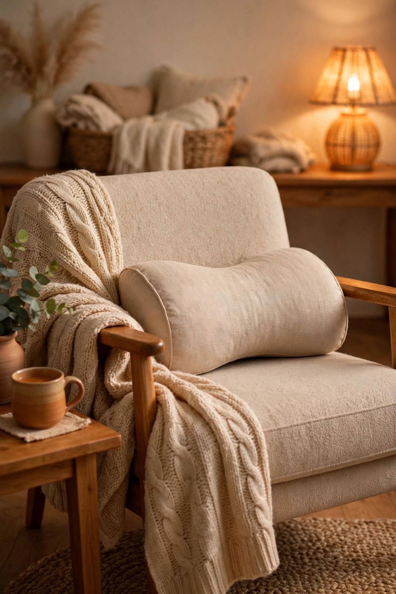 Lumbar support cushion on an armchair, comfort gift for women over 60