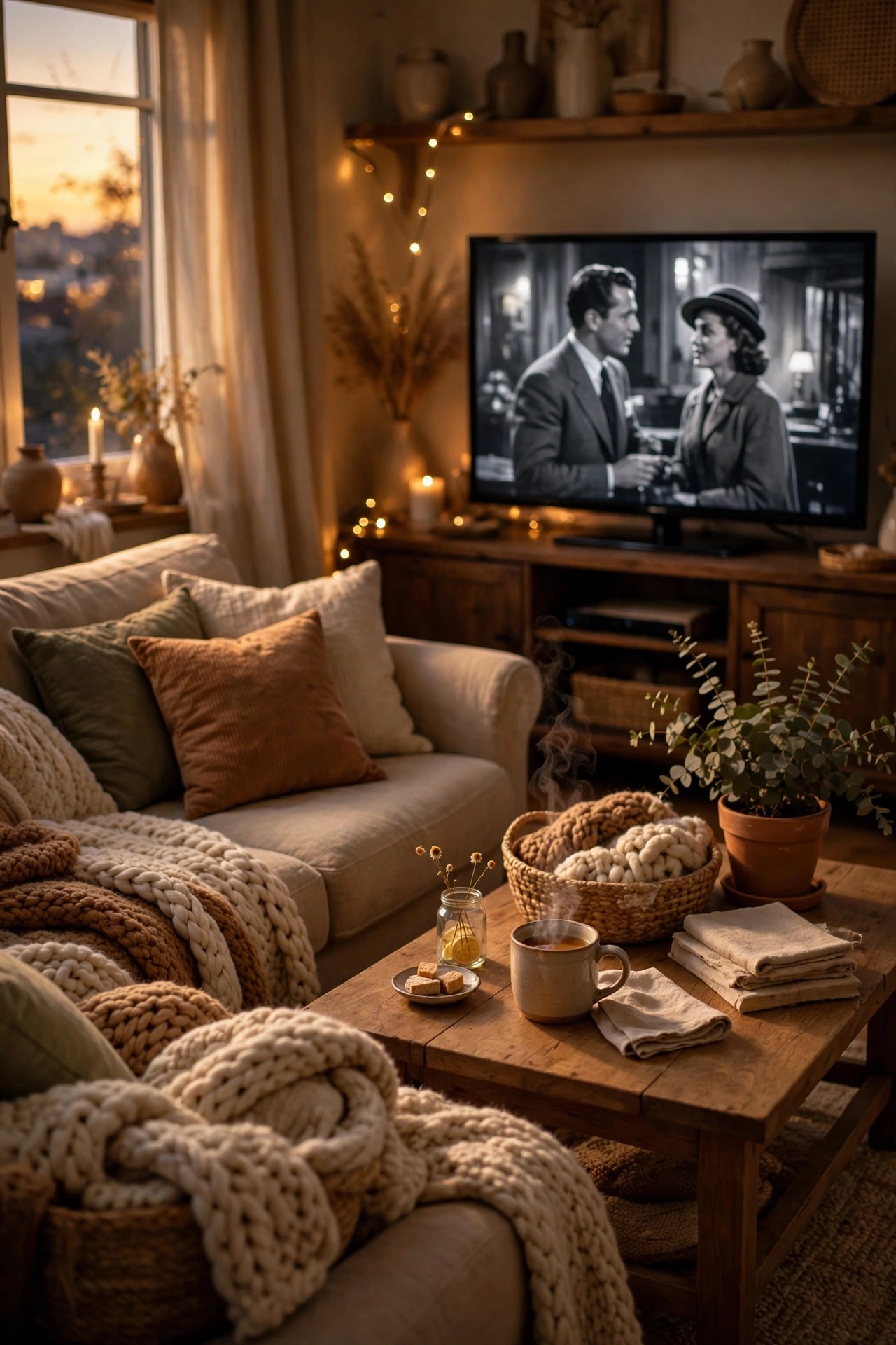Cozy living room with TV showing a classic film, streaming subscription gift for her