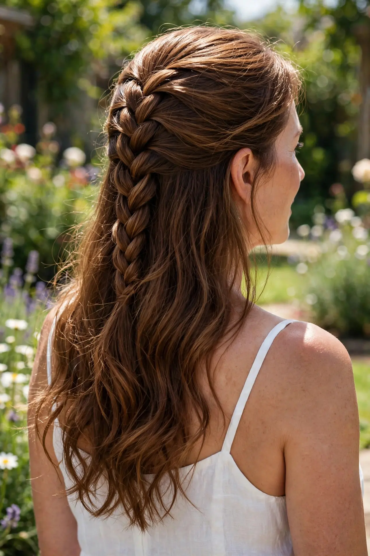 Braided half-up hairstyle on long chestnut-brown hair, a braid woven through the top section with loose waves flowing down the back, worn with a white sundress in a sunny garden