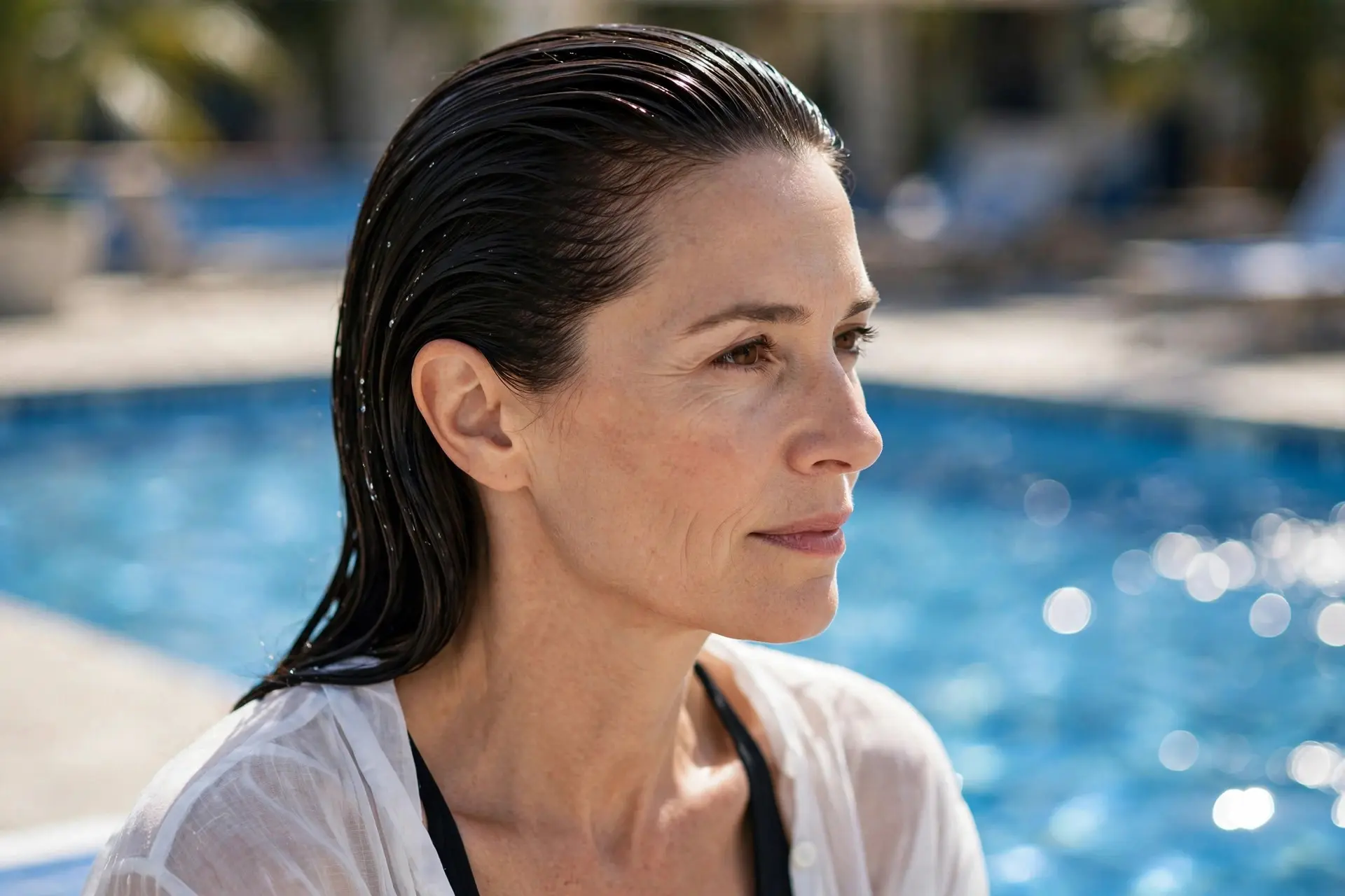 Slicked-back wet look hairstyle with glossy gel finish on dark hair by a swimming pool