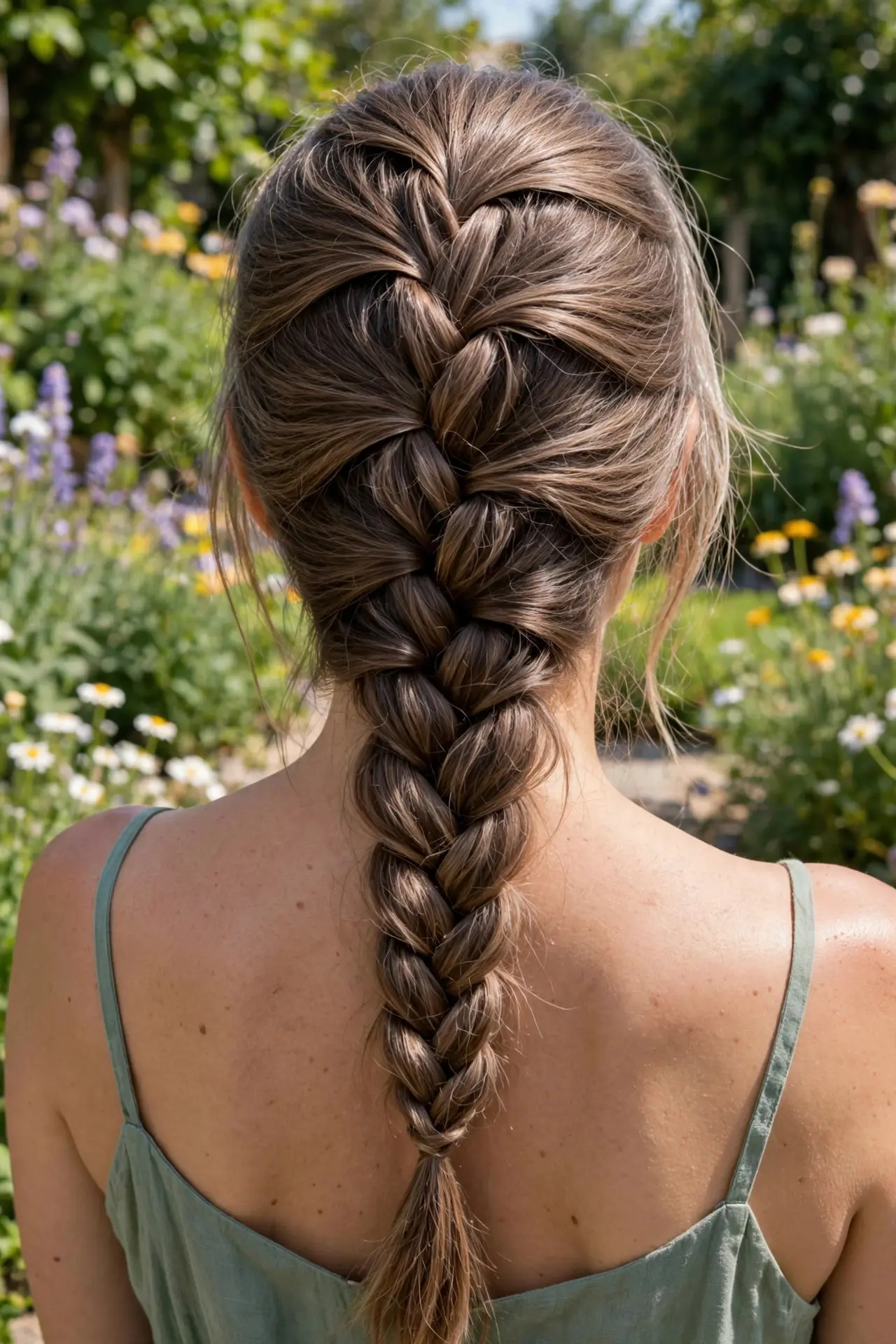 Loose Dutch braid down the back in medium ash-brown hair, worn with a sage-green sundress in a summer garden