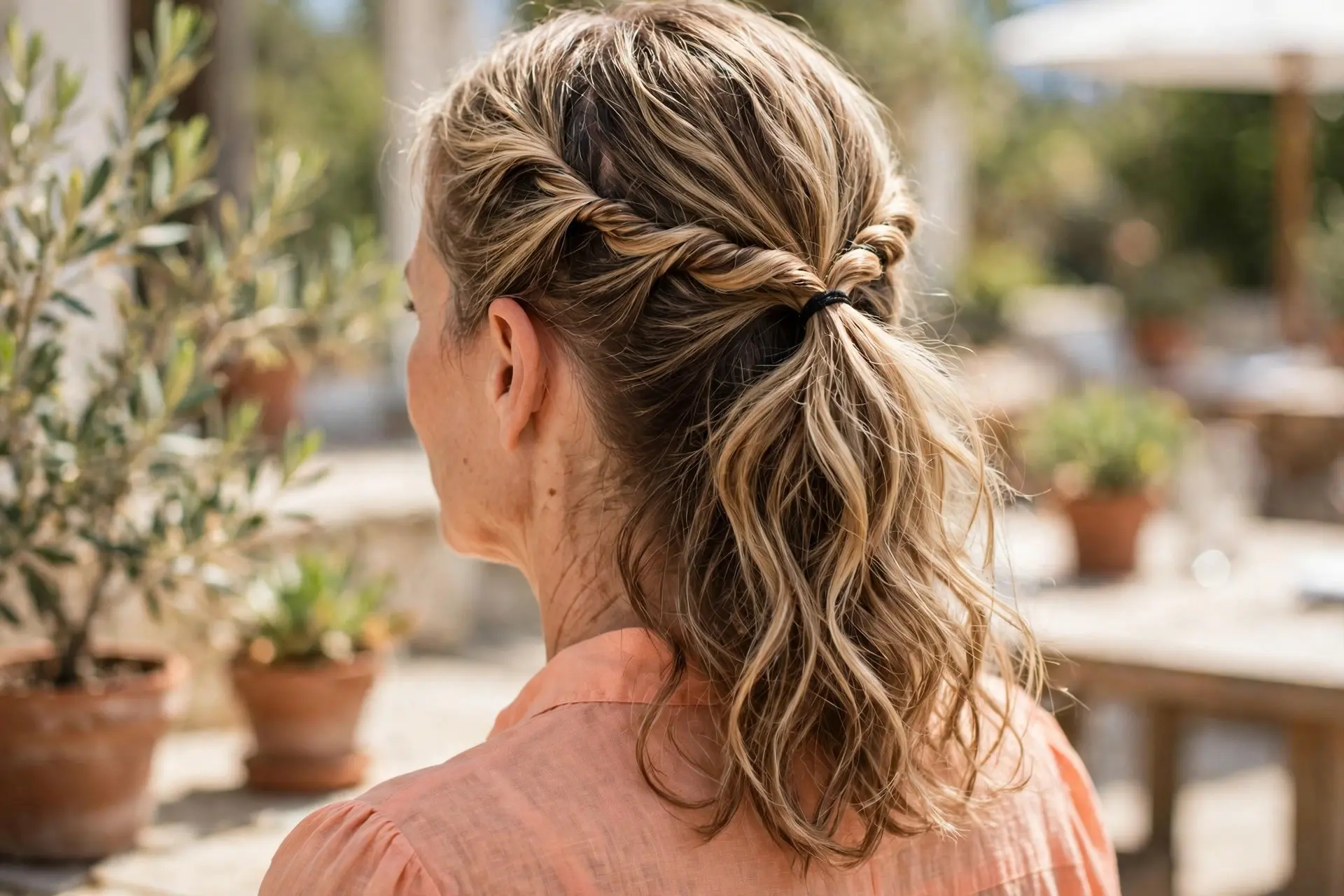 Twisted half-up hairstyle with two rope twists joined at the back of the head and wavy dark-blonde hair left loose