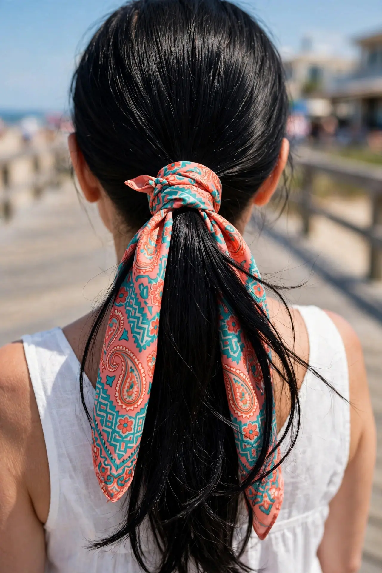 Low ponytail wrapped with a coral and turquoise patterned silk scarf on long black hair at a summer boardwalk