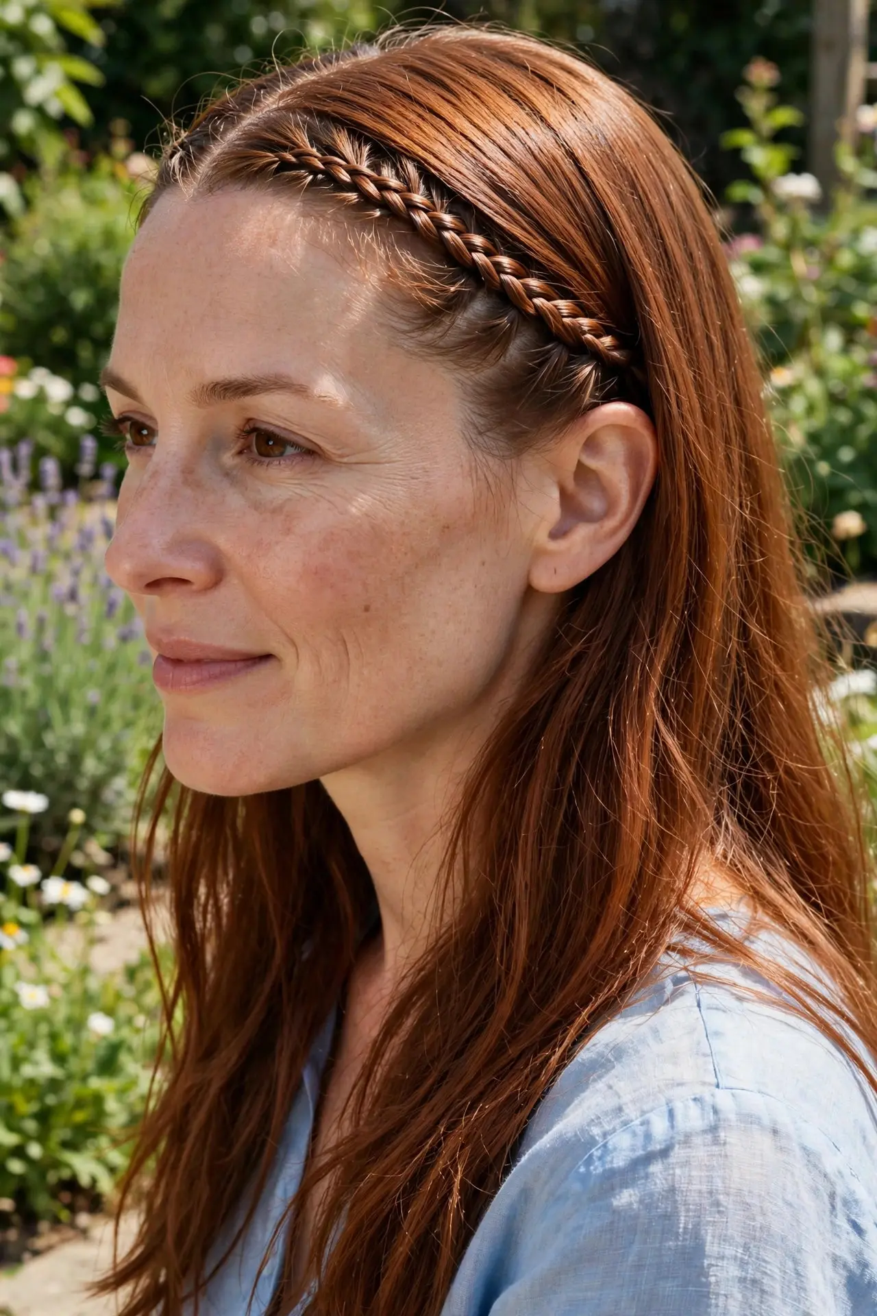 Braided bangs with a thin braid woven along the front hairline and long auburn hair worn loose