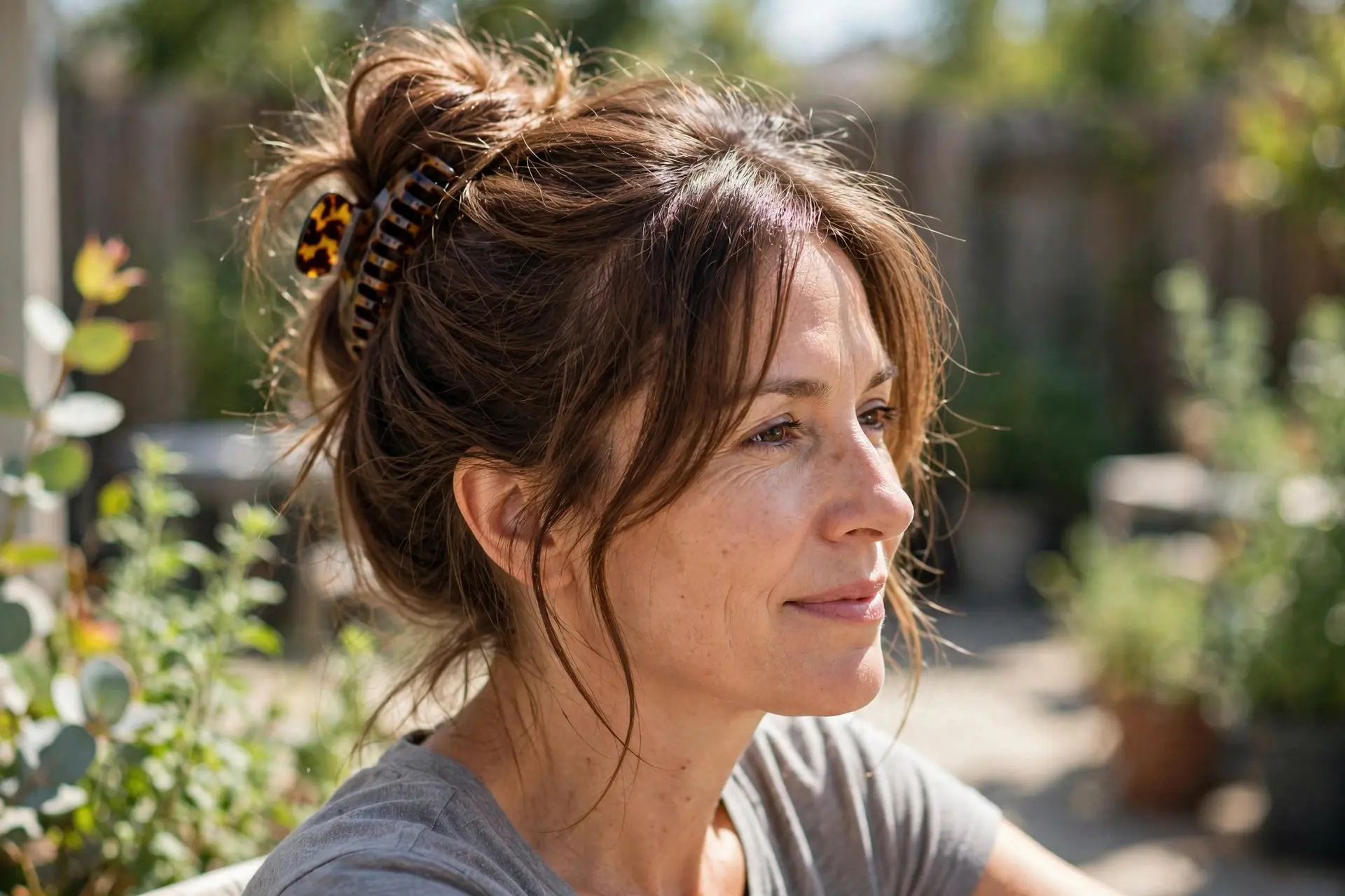 Messy bun with soft loose strands held by a tortoiseshell claw clip in medium-brown hair