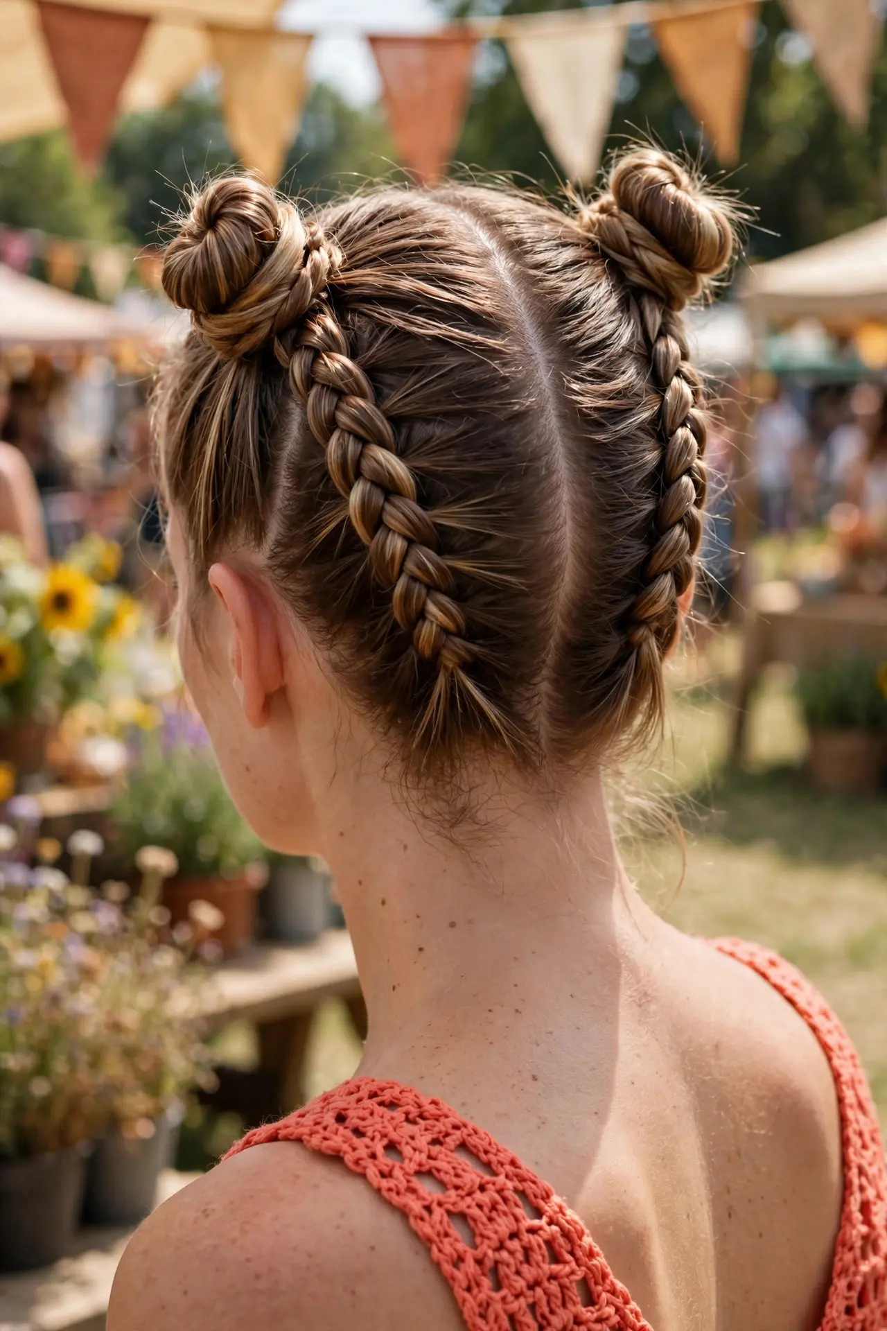 Half-braided space buns with two braids climbing up each side of the head into two small buns, at a summer festival