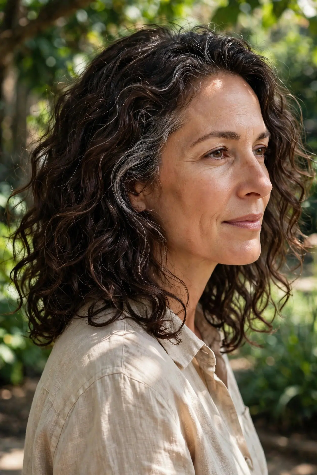 Air-dried natural texture with loose natural curls and waves in dark brown hair with grey strands at the temples