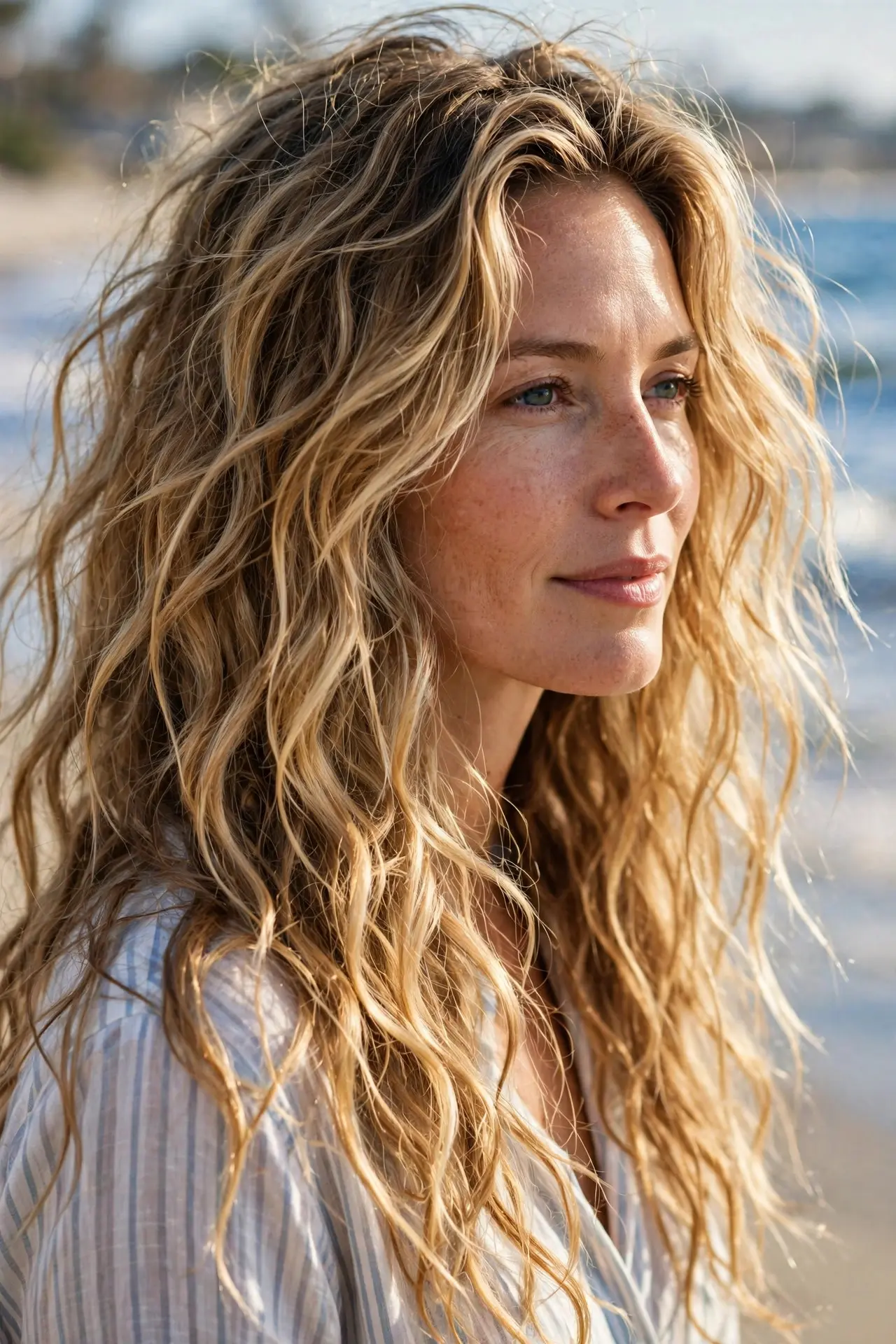 Long beachy waves with salt spray texture and sun-kissed honey-blonde balayage at the beach