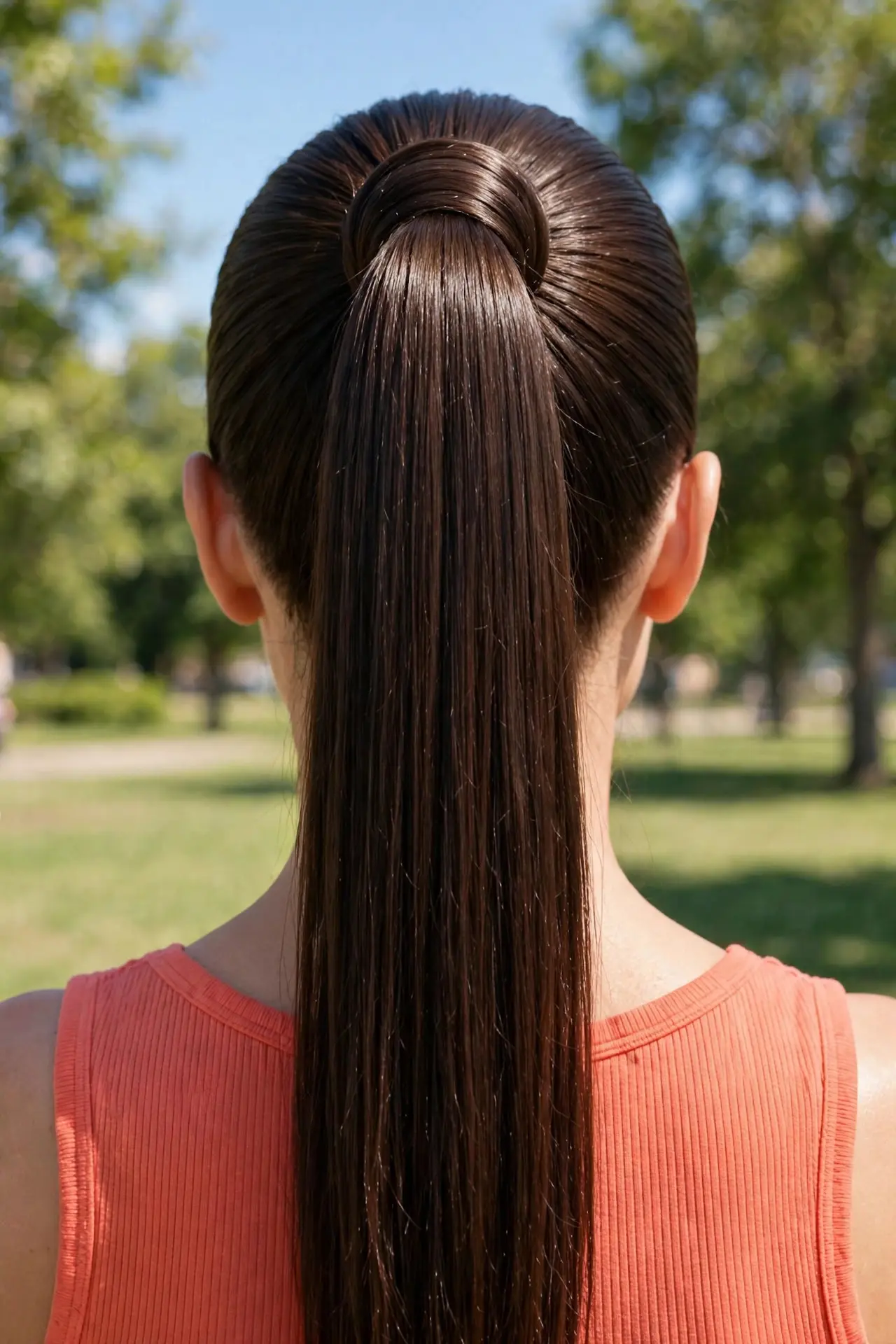 Sleek high ponytail gathered at the crown with hair wrapped around the base, long straight dark-brown hair in a sunny park