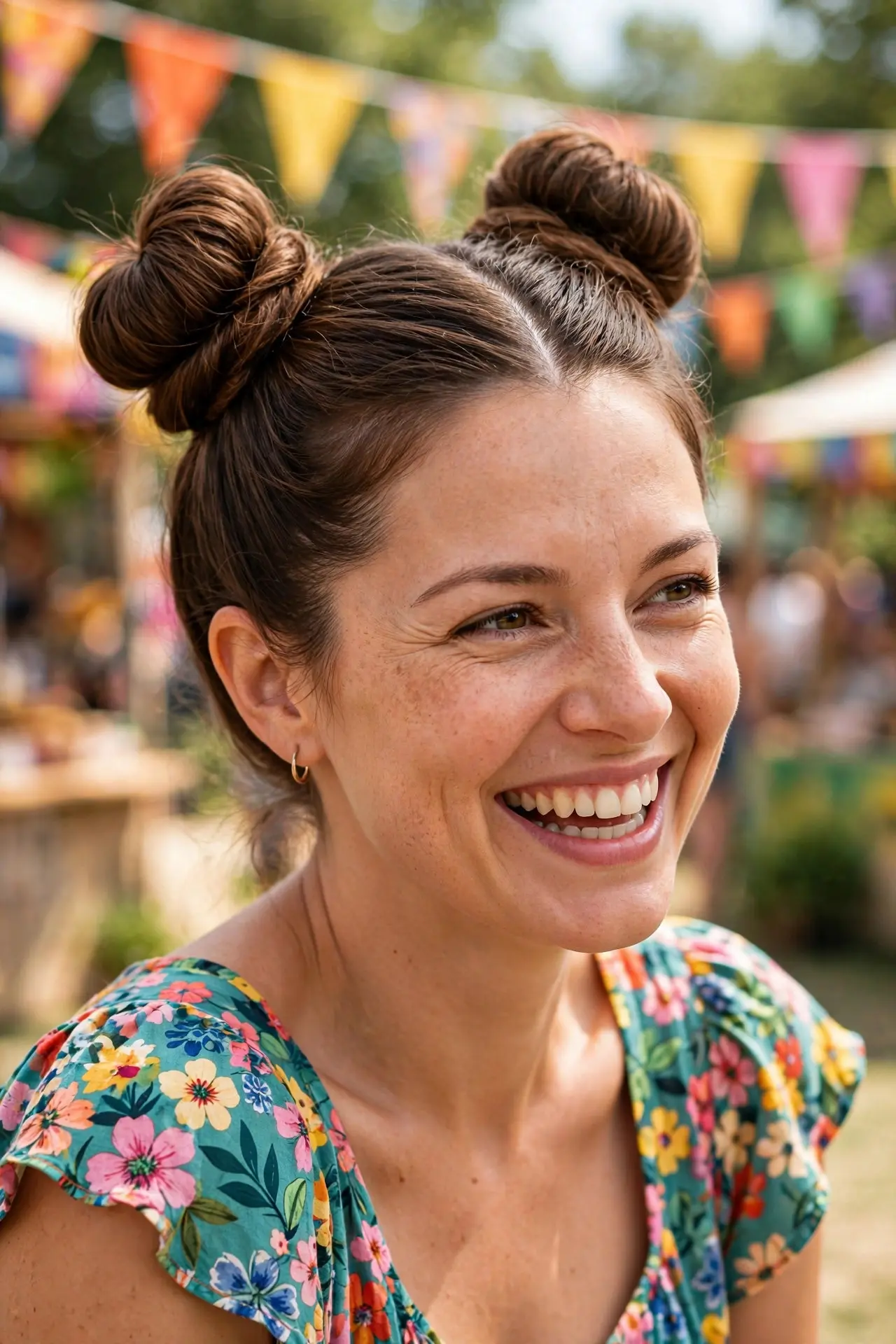 Full space buns hairstyle with two round buns on top of the head and all hair secured up, at an outdoor summer festival