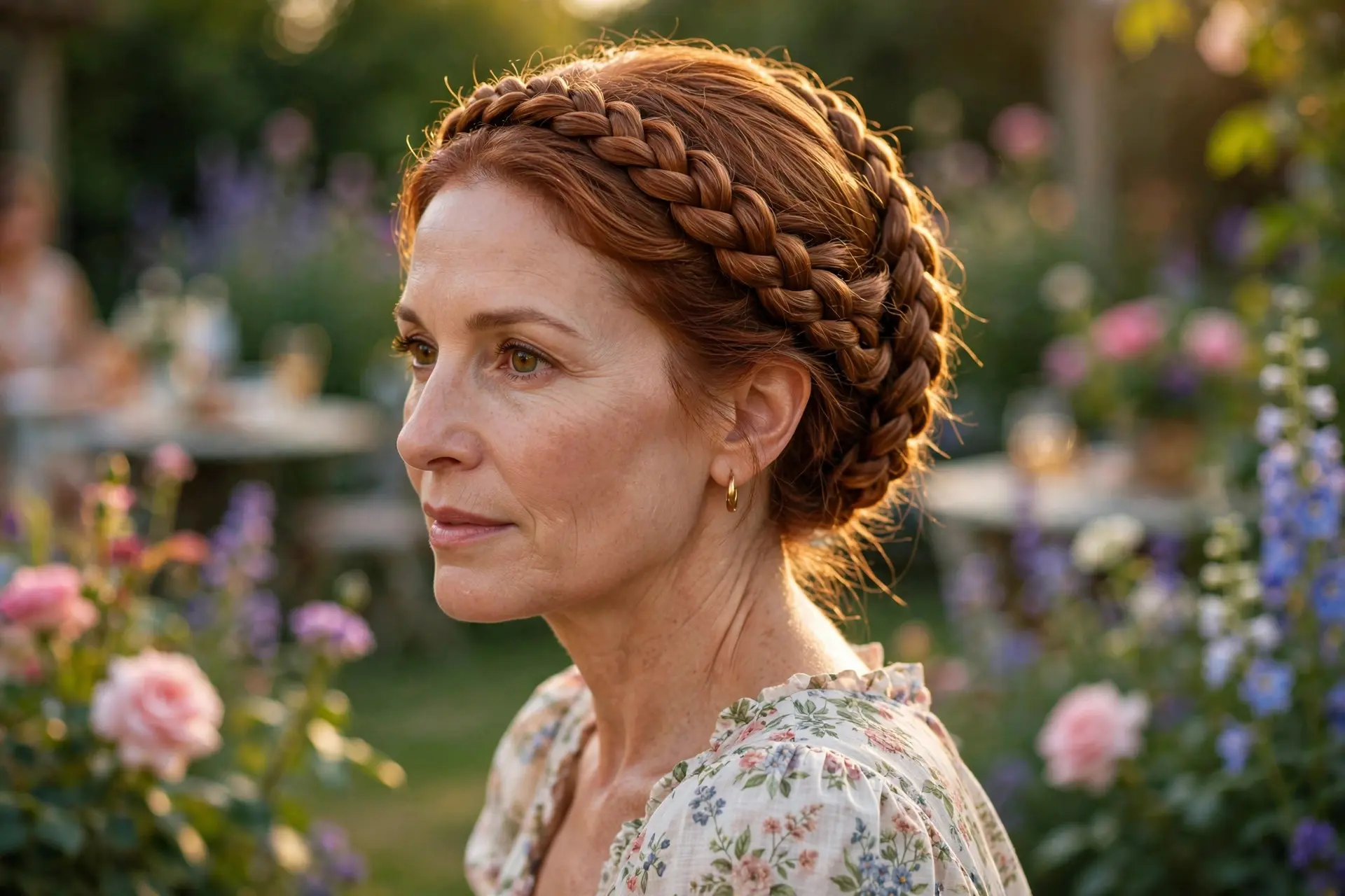Braided crown hairstyle with a halo braid woven around the head in auburn hair, worn with a floral dress at a garden party
