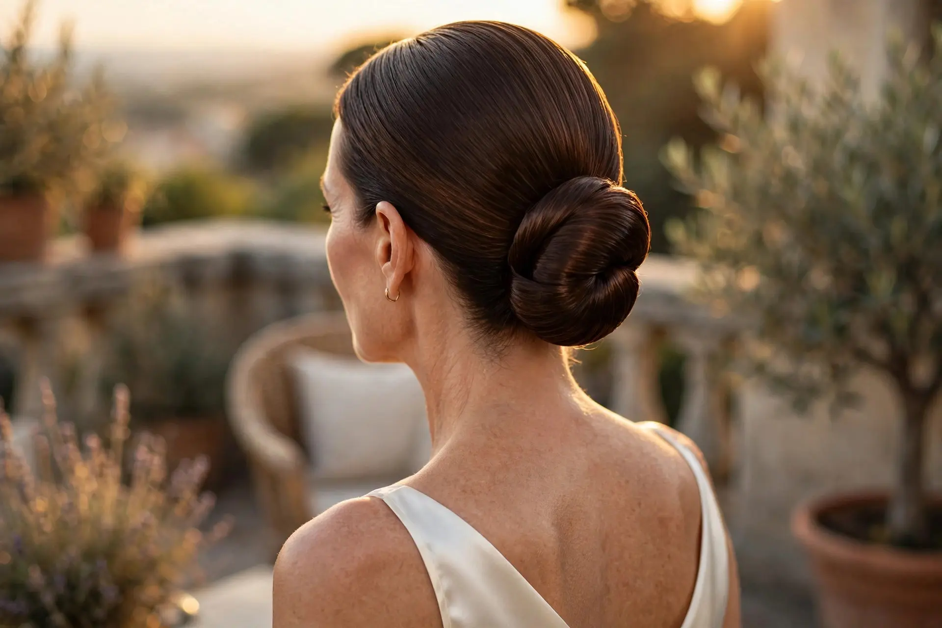 Smooth low bun twisted at the nape of the neck in glossy dark chestnut hair, on a summer terrace at golden hour