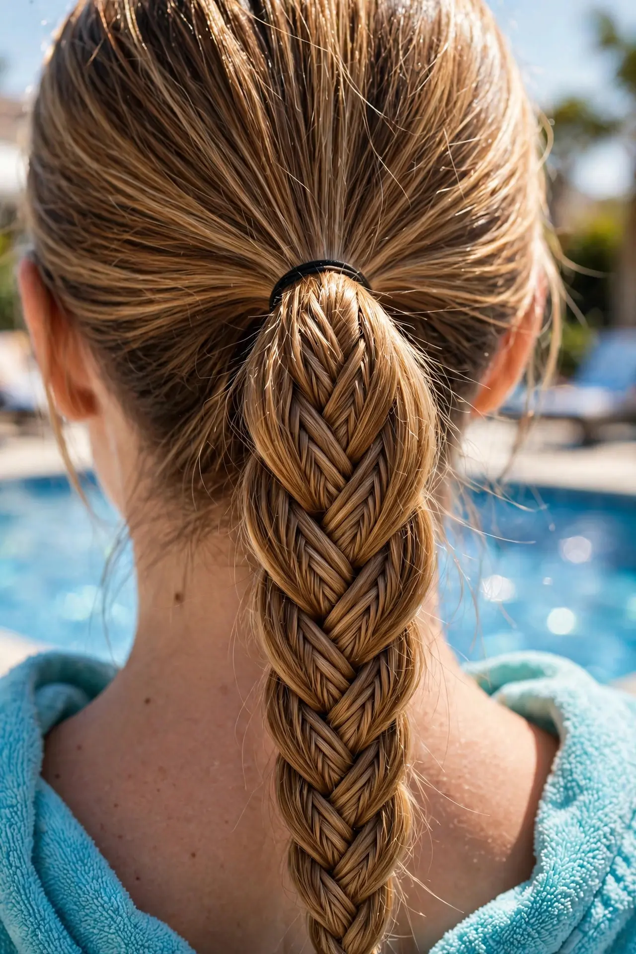 Fishtail braid ponytail with a detailed herringbone weave in golden-brown hair by a swimming pool