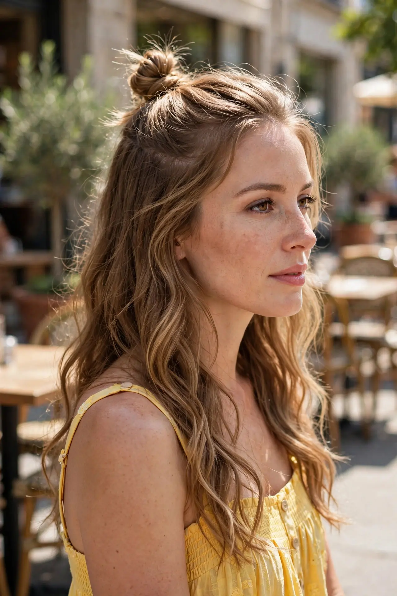 Half-up space bun hairstyle with a single small bun on top and long wavy light-brown hair worn down, in a yellow sundress